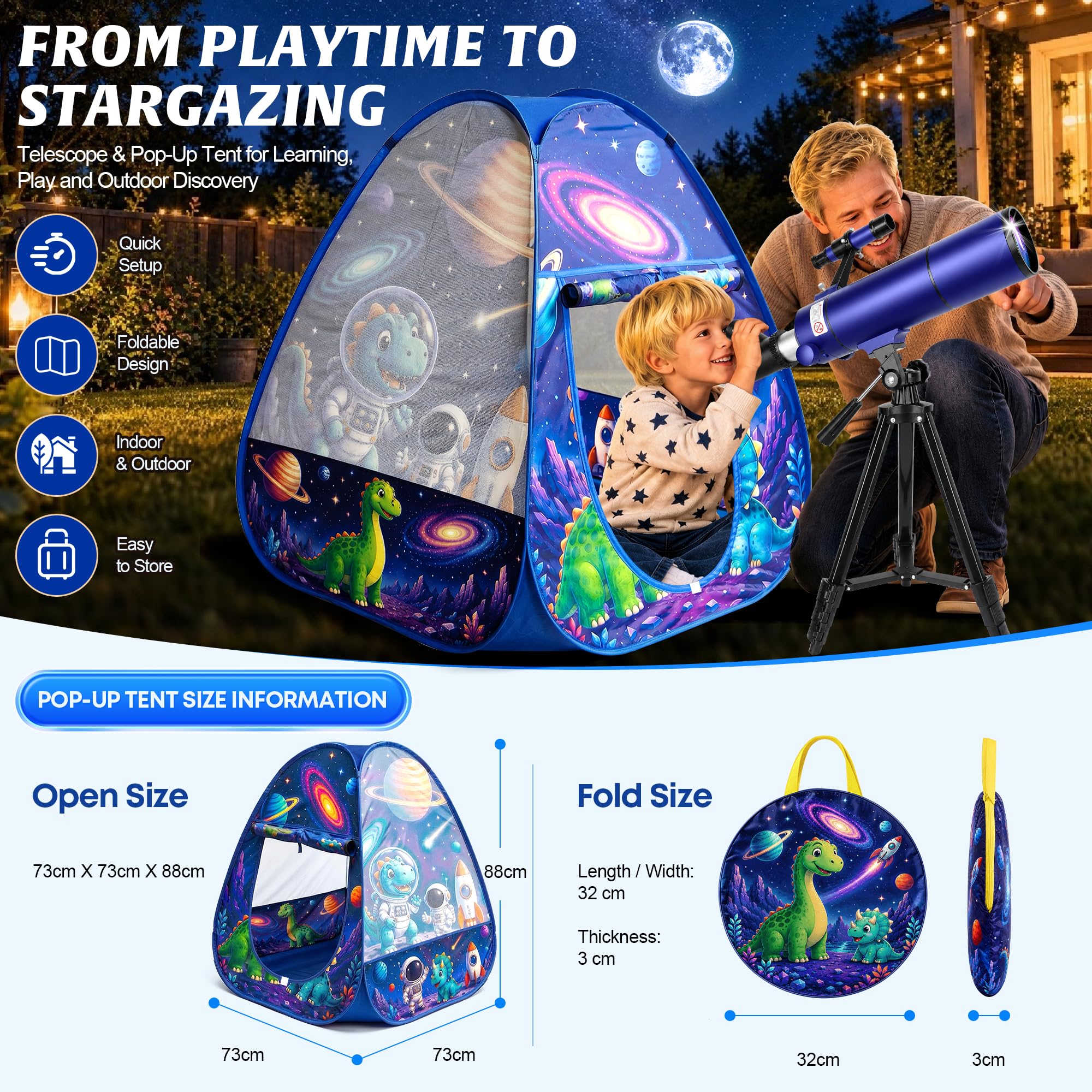 MEEZAA Télescope Astronomique pour Adultes Enfants et Débutants, 80mm Ouverture 500mm Portable Télescope Réfracteur 20X–150X avec Tente Pop-Up, Trépied, Adaptateur Smartphone, Sac à Dos & Autocollants