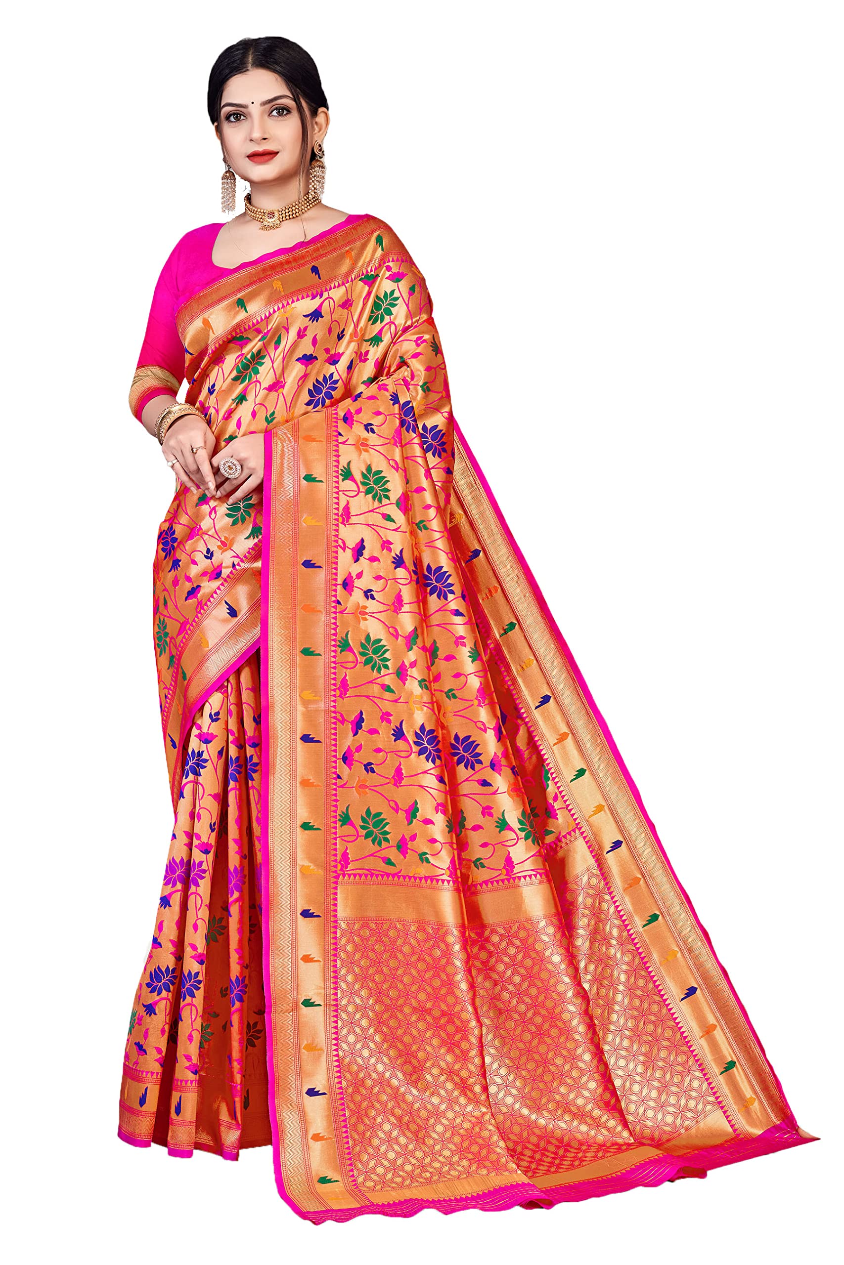 Jaanvi fashionWomen's Paithani Silk With Zari Jacquard Work Saree With Unstitched Blouse Piece