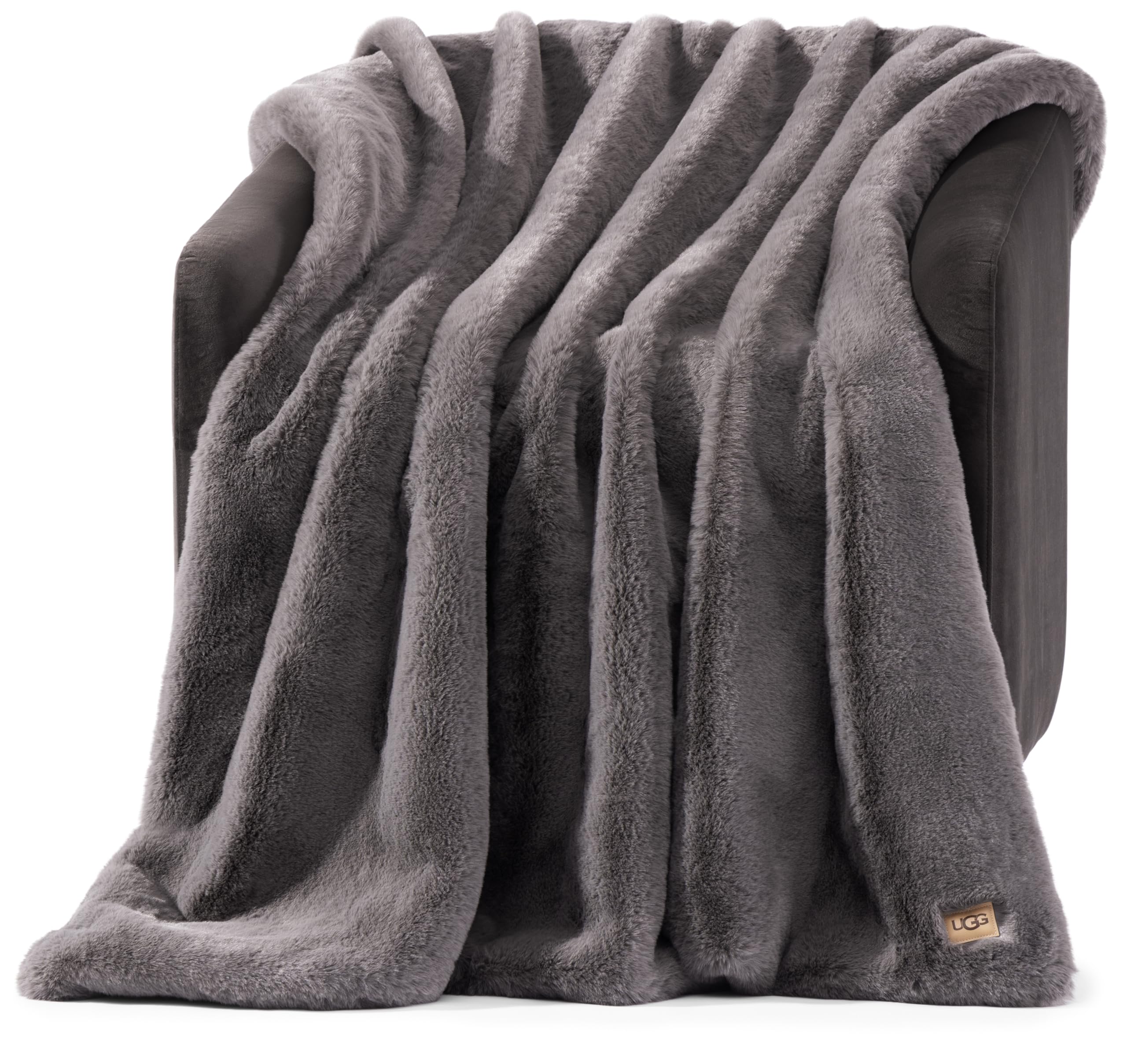 UGG Euphoria Faux Fur Throw Blanket, Oversized Soft Throw for Bed or Couch, Luxury Bedroom Decor, Plush Blankets, Machine Washable, 50-inch x 70-inch, Charcoal Grey