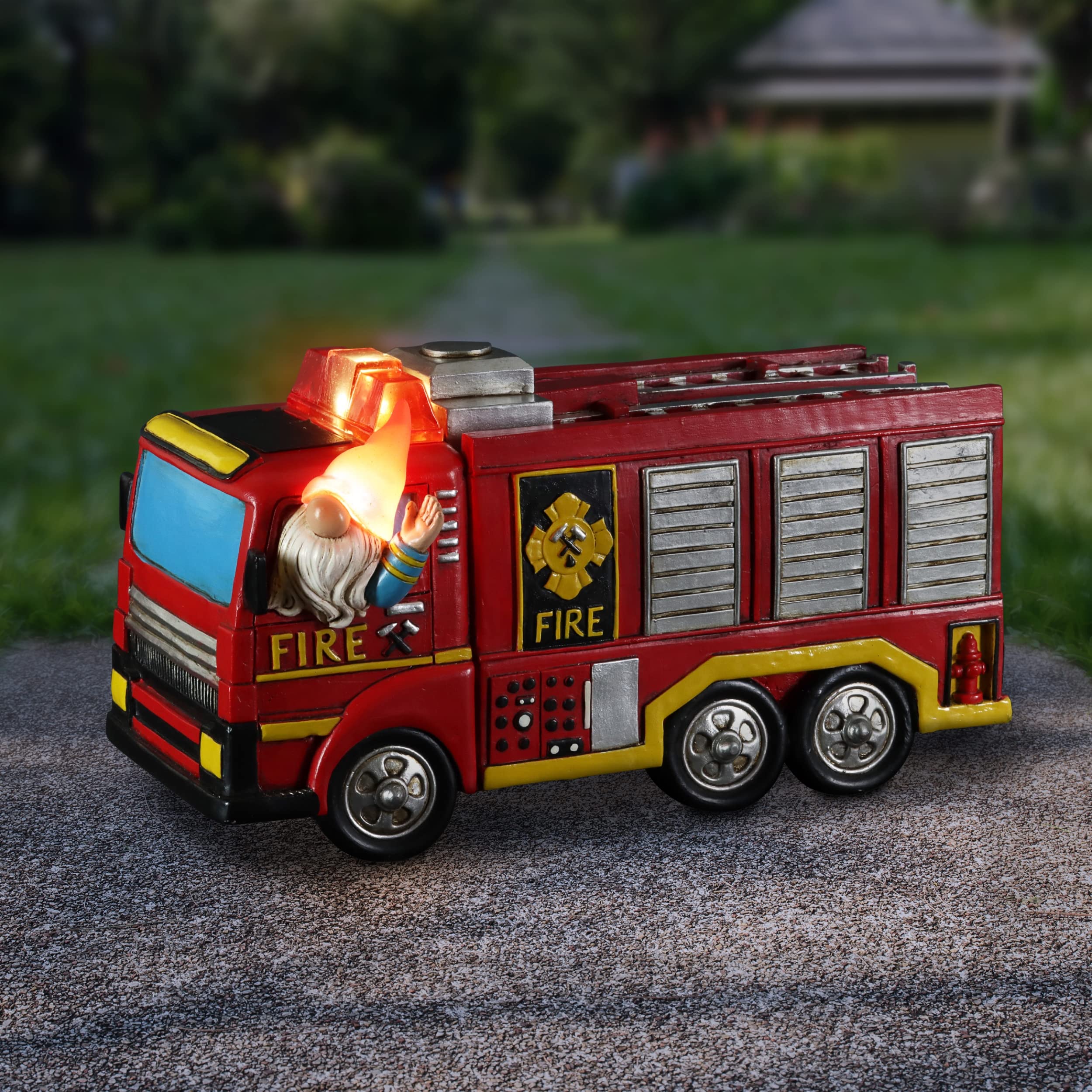 Exhart Garden Sculpture, Solar Fire Truck Driving Garden Gnome Statue, LED Lights, Outdoor Garden Decoration, 6 x 11.5 x 6.5 Inch