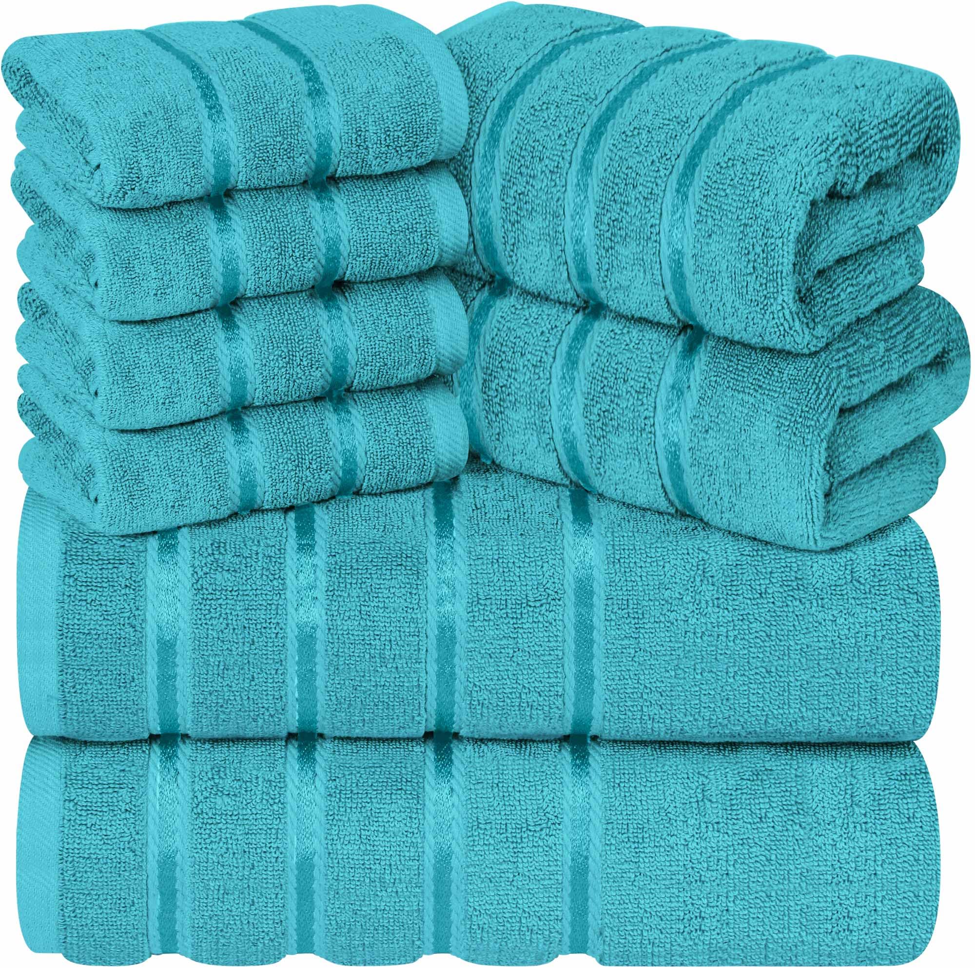 YRALY Luxury Towel Sets for Bathroom Set of 8-600 GSM 100% Cotton Ring Spun, Viscose Border Towels Bathroom Sets - Turquoise
