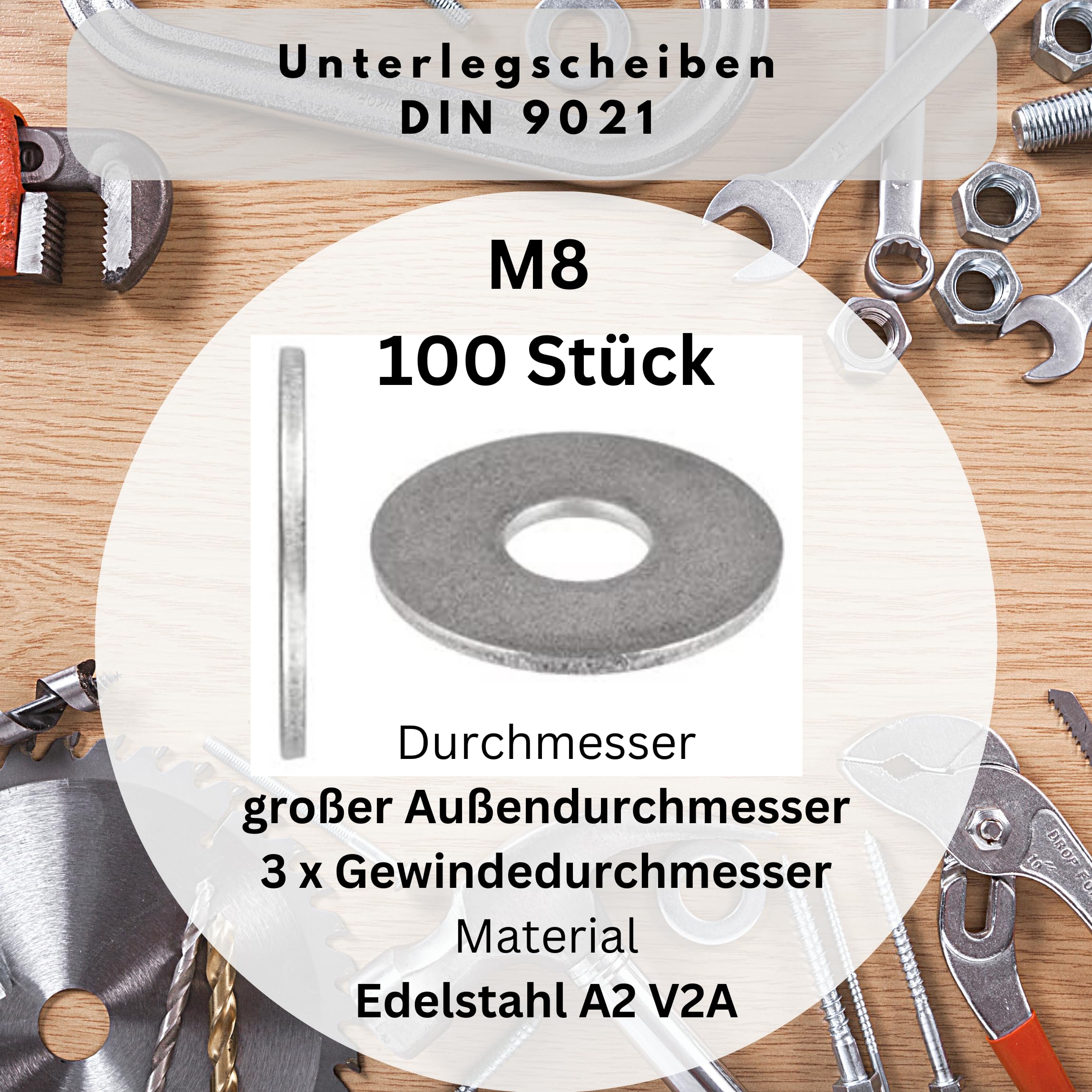Washers M8 (Large Outer Diameter) DIN 9021 ISO 7093 Washers Body Washers A2 V2A Stainless Steel Washers M8 Pack of 100 - Image 2
