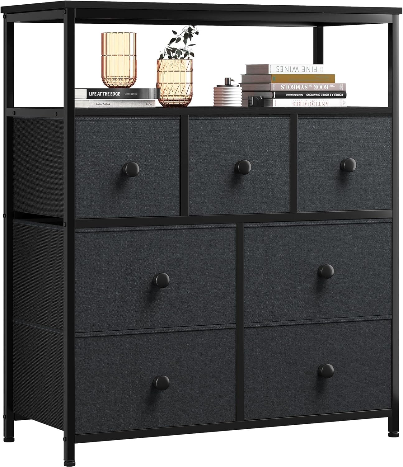 EnHomee Chest of Drawers Bedroom, 2 Tier Wooden Shelf with 7 Fabric