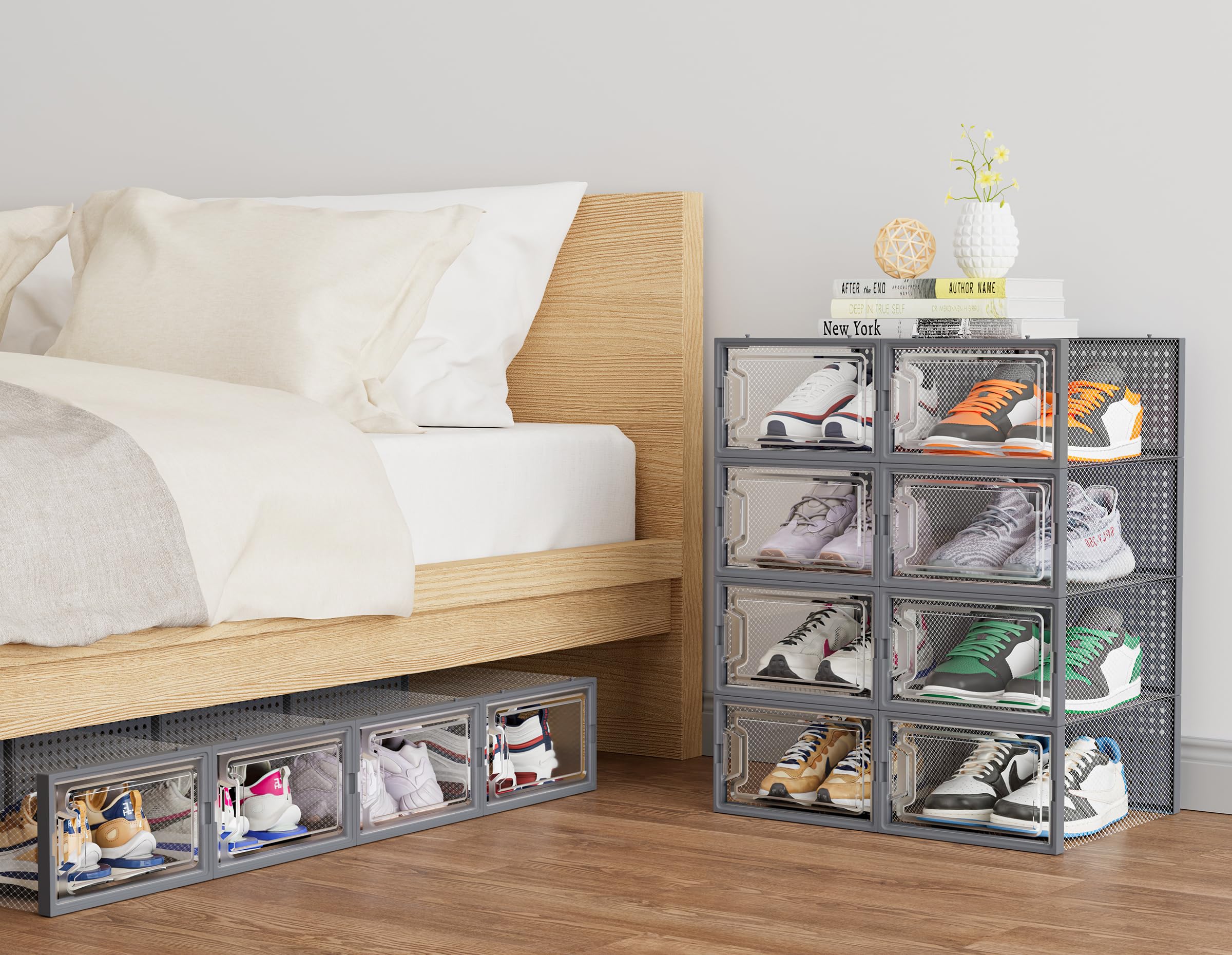 HOMIDEC 12 pcs Scatole per Scarpe,Scatole Portascarpe in Plastica Trasparenti impilabili, Contenitori Portascarpe con Coperchi per donna/uomo,Grigio