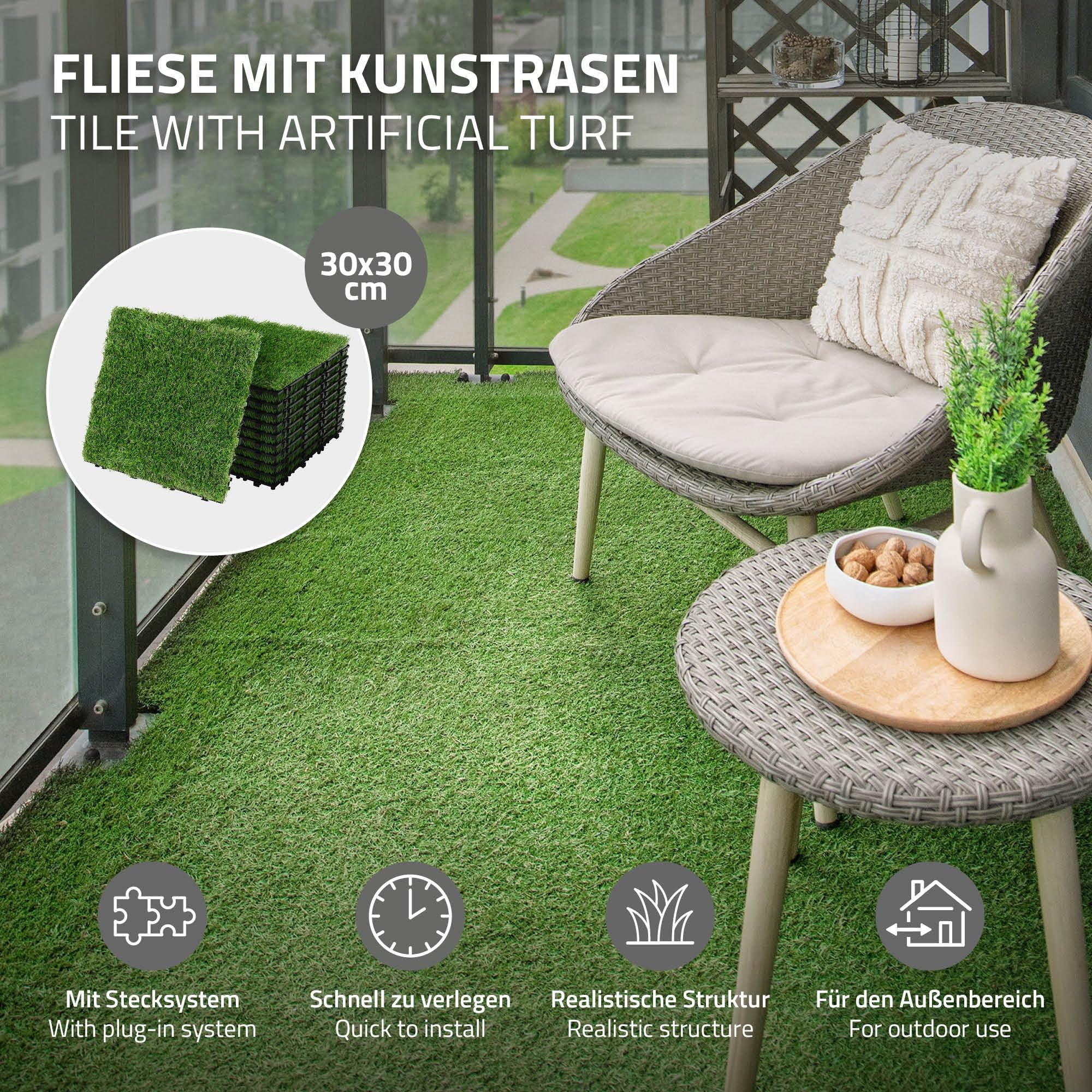 ML-Design Dalles Gazon Synthétique, 30x30 cm/44 pièces=4m², Clipsables avec Drainage, Pelouse Herbe Artificielle Revêtement de Sol à Cliquer Tapis Jardin Terrasse Extérieur Intérieur Résistant aux UV