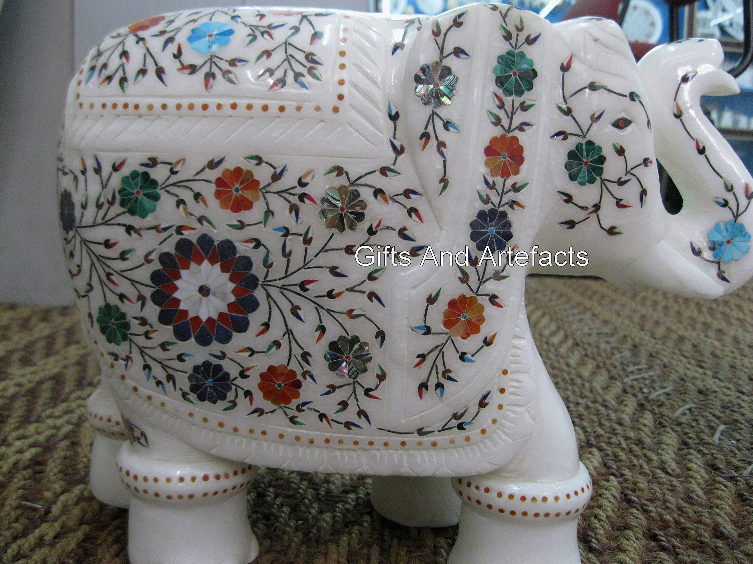 Estatua de elefante de mármol blanco con incrustaciones de piedras naturales, figura de elefante de prosperidad de 10 pulgadas para decoración de oficina y sala de estar, regalo para el día de San