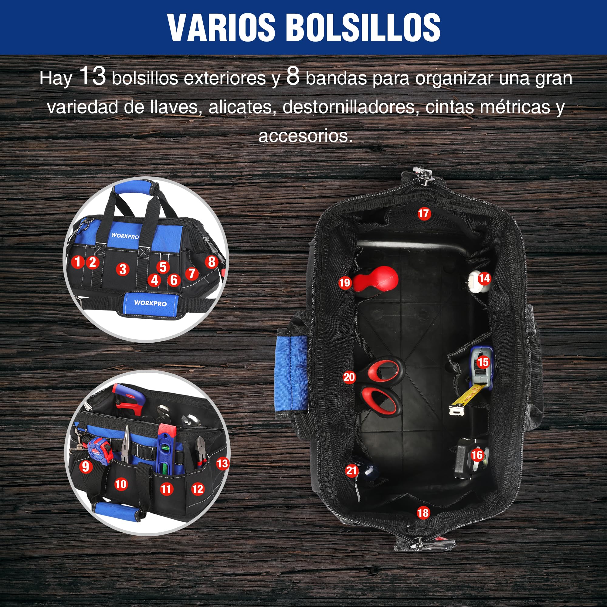WORKPRO Bolsa de Herramientas 40 * 22 * 26cm, con Boca Ancha, Bolsa Portaherramientas, con Base de Plástico Rígida, Carga Máxima 15kg