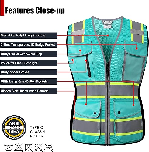 Miniatura 7 de HATAUNKI Chalecos de seguridad de malla amarilla reflectante de alta visibilidad con 9 bolsillos y cremallera frontal, chaleco de seguridad de alta