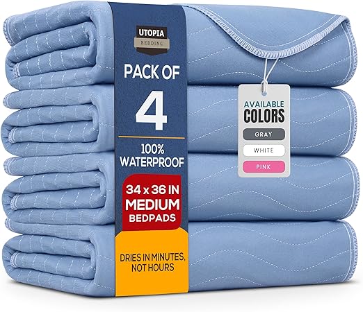 Utopia Bedding Washable Underpads 34" x 36" (Pack of 4), Waterproof Reusable Heavy Absorbency Incontinence Bed Pads for Adults, Kids, Elderly and Pets, Bedwetting Pads for Sofa and Couch (Blue) Utopia Bedding Washable Underpads 34" x 36" (Pack of 4), Waterproof Reusable Heavy Absorbency Incontinence Bed Pads for Adults, Kids, Elderly and Pets, Bedwetting Pads for Sofa and Couch (Blue)