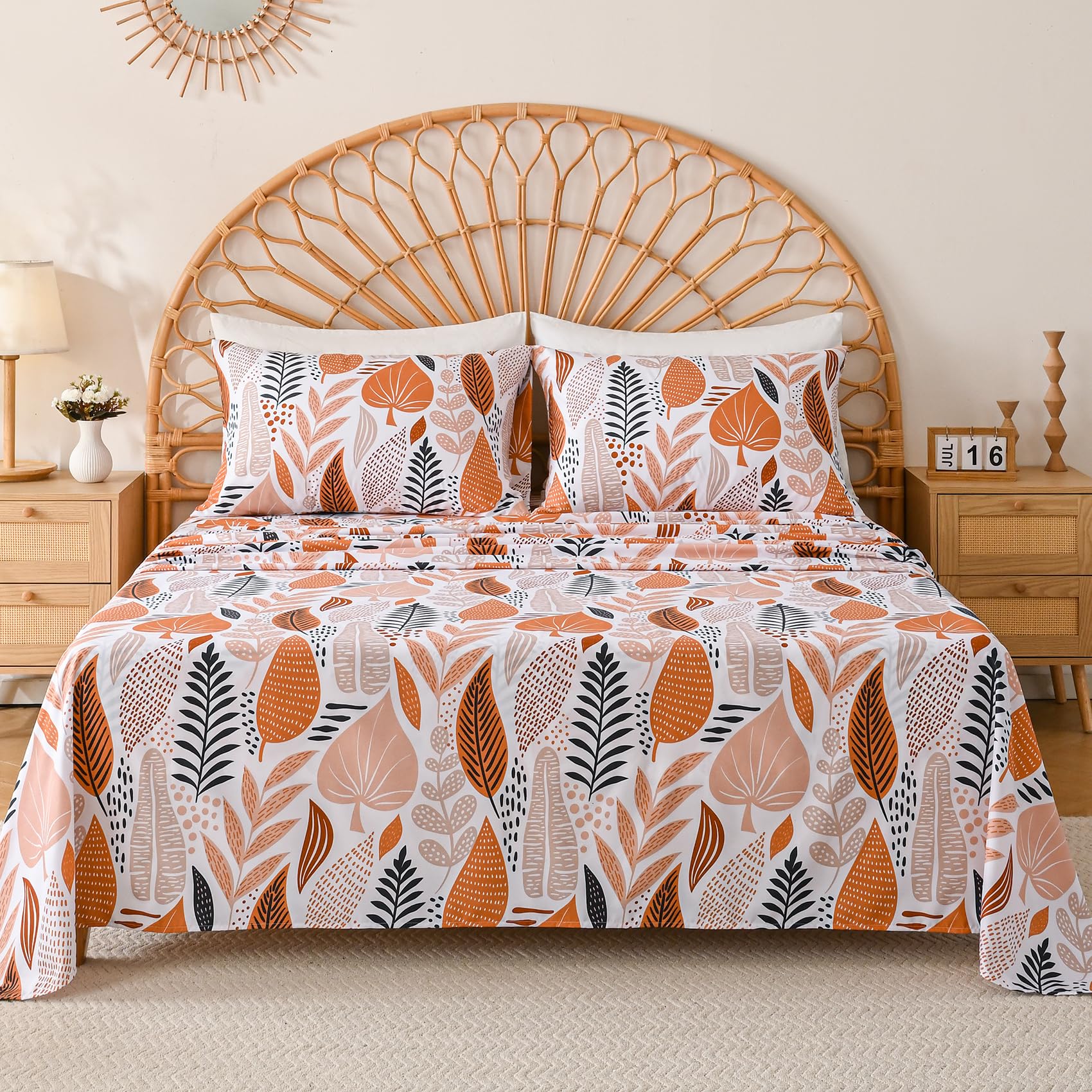 Yibeizi Boho Leaves Printed Sheet Set Queen Botanical Pattern Bed Sheets Microfiber Bedding Sheets Pillowcases Soft 15 Extra
