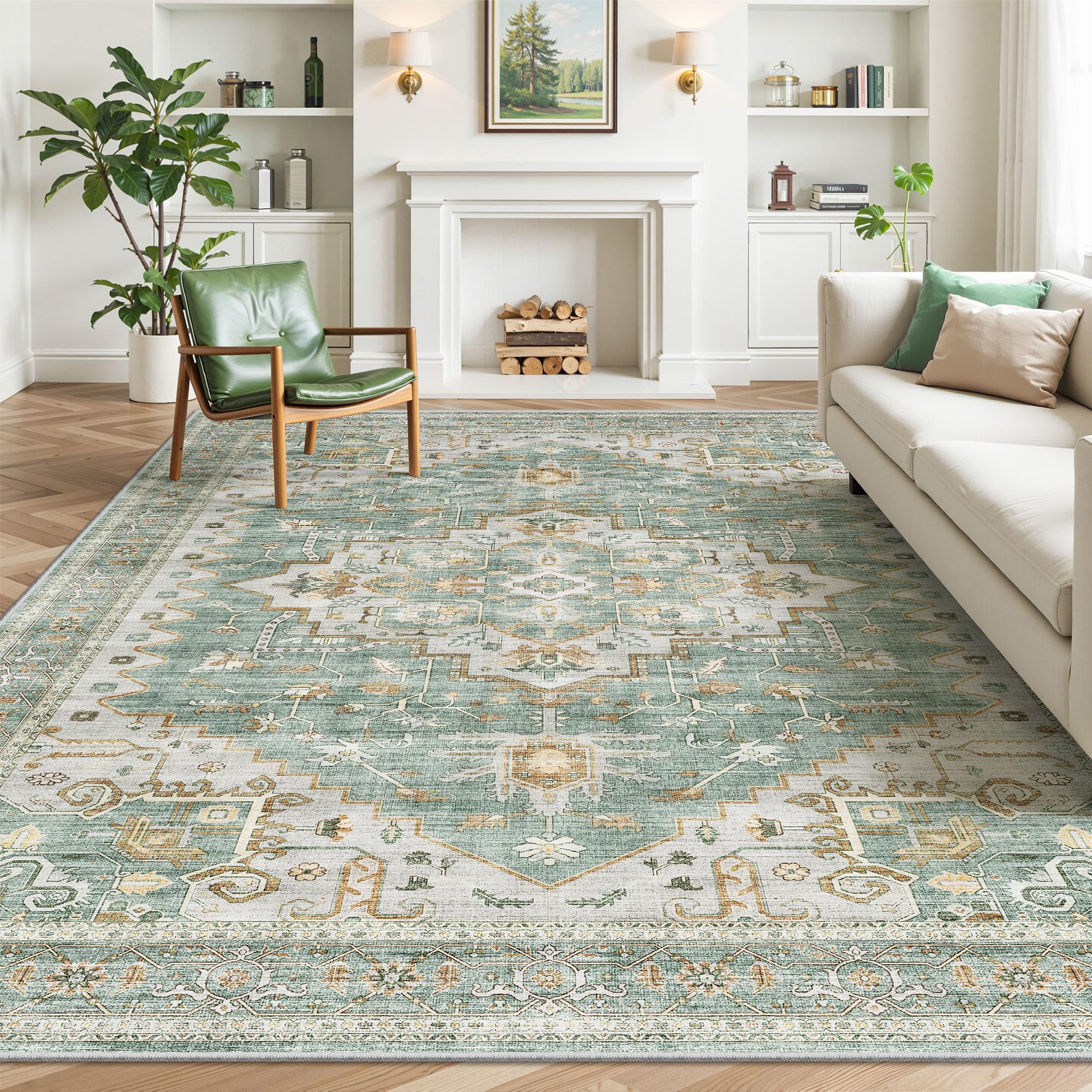 befbee 8x10 Area Rugs for Living Room, Stain Resistant Neutral Washable Rugs for Dining Room, Floral Vintage Non-Slip Thin Large Size Area Rug （Green）