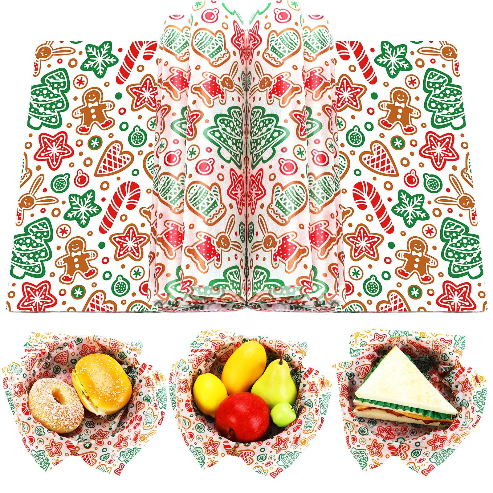 150 Sheets Gingerbread Man Food Wax Paper, 9.8x8.3in Christmas Grease Proof Deli Wrap for Sandwich, Food Grease Resistant for Xmas Home Kitchen