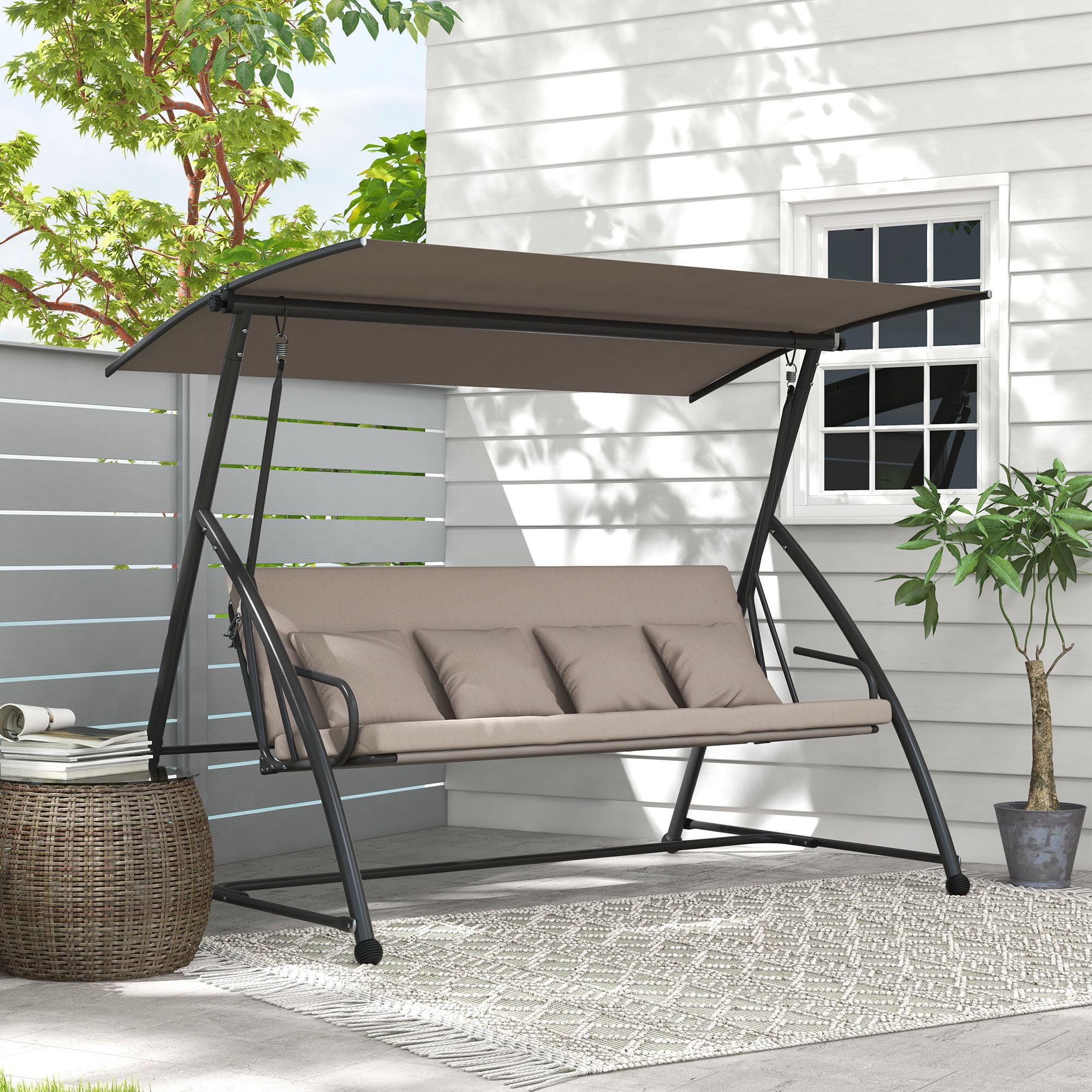 Outsunny Columpio de jardín de 3 plazas, Columpio de jardín Convertible para Exteriores, Techo abatible Ajustable, cojín de Asiento y Respaldo, 4 Almohadas, Gran Confort, 218 x 120 x 168 cm, marrón