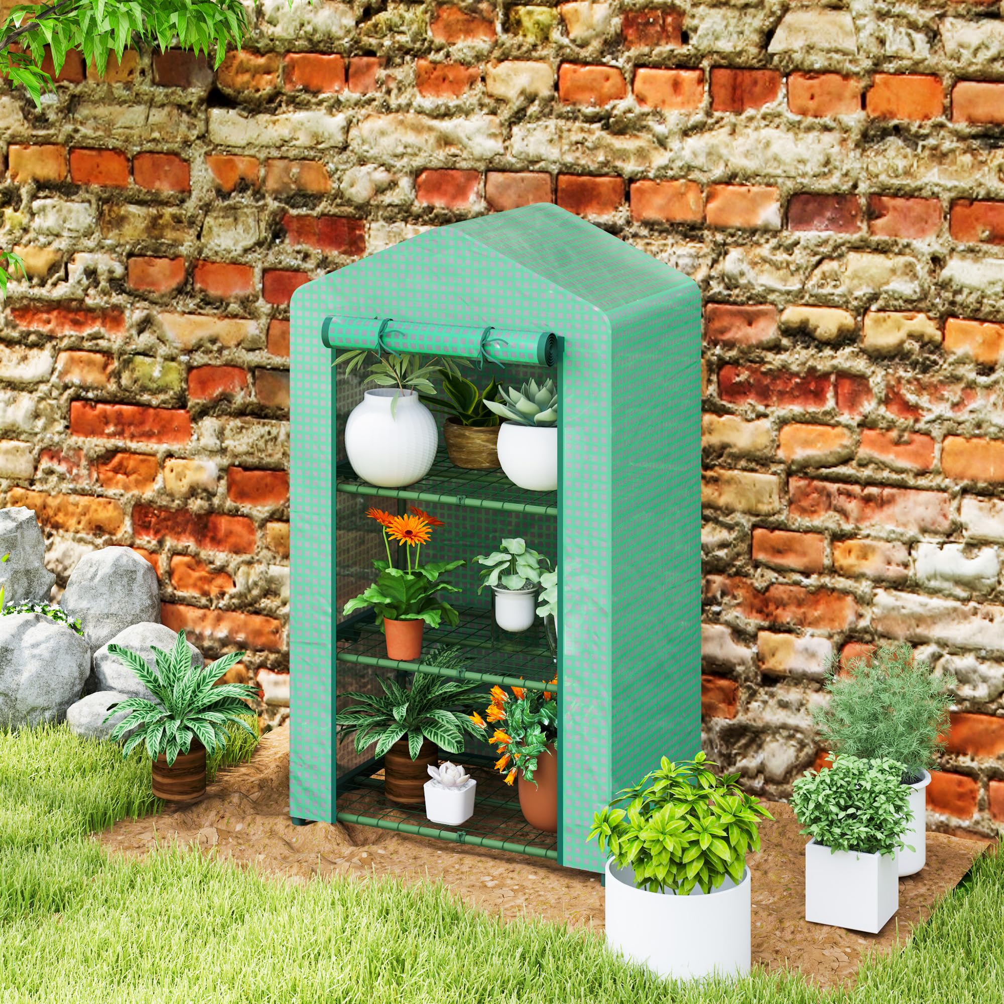 Outsunny Invernadero de Jardín de 3 Niveles, Invernadero de Exterior con 3 Estantes, Puerta Enrollable, Marco de Metal, Cubierta de PE, Anti-UV, Impermeable, para Terraza, Patio, 69x49x125 cm, Verde