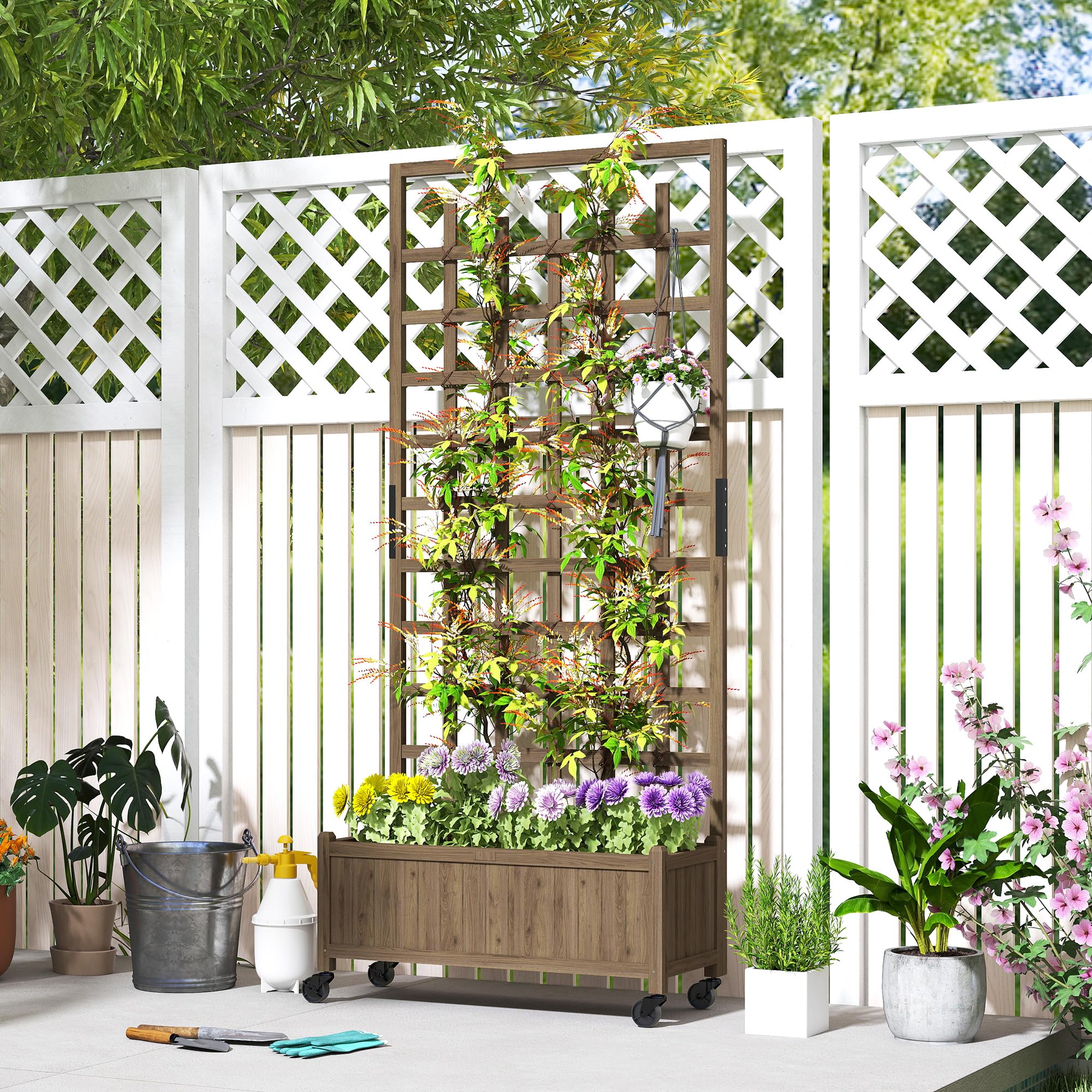 Outsunny Maceta de enrejado de madera, camas elevadas para jardín con ruedas y forro de cama, maceta con pantalla de privacidad para cultivar verduras, hierbas y flores para jardín, patio, terraza,