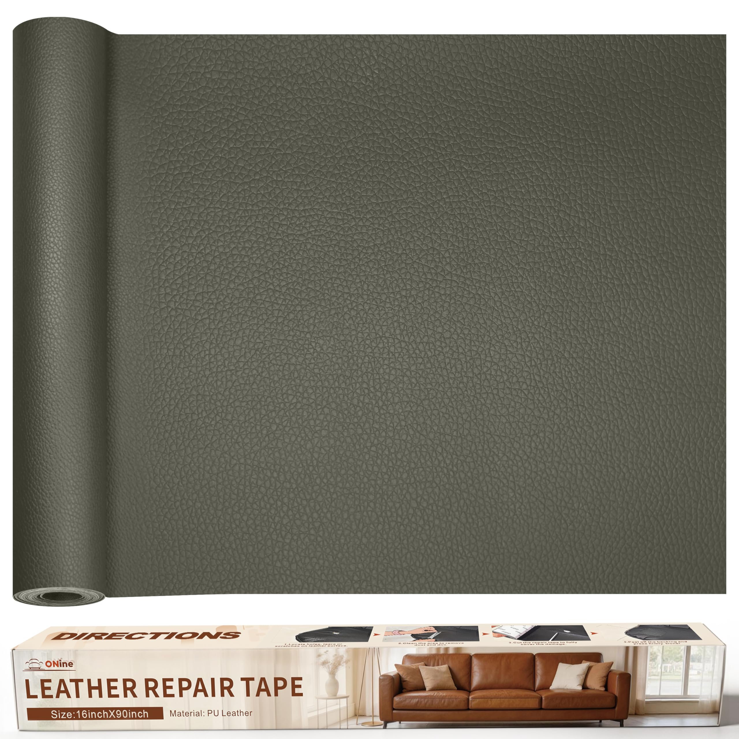 ONine Leather Repair Patch，Leather Repair Tape, 16 x 90 inches Leather Repair Patch for Furniture,Vinyl Repair Kit，Leather Couch Patch，for Sofas, Furniture, Car Seats（Grey-Litchi Grain