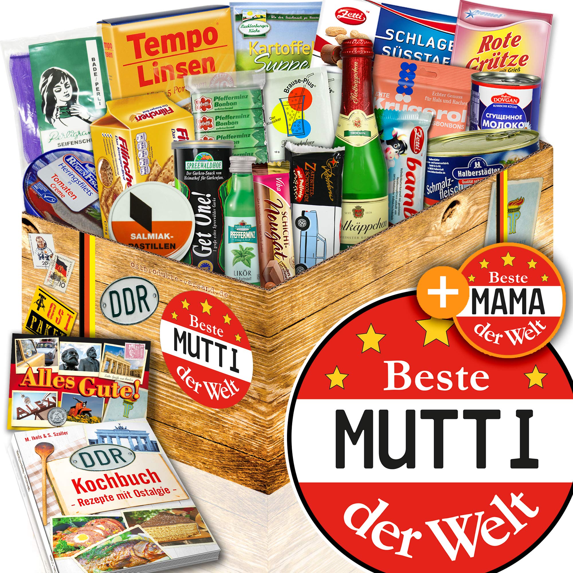 Mutti Geschenk - DDR Set Spezialitäten & Ostprodukte Box mit Kochbuch
