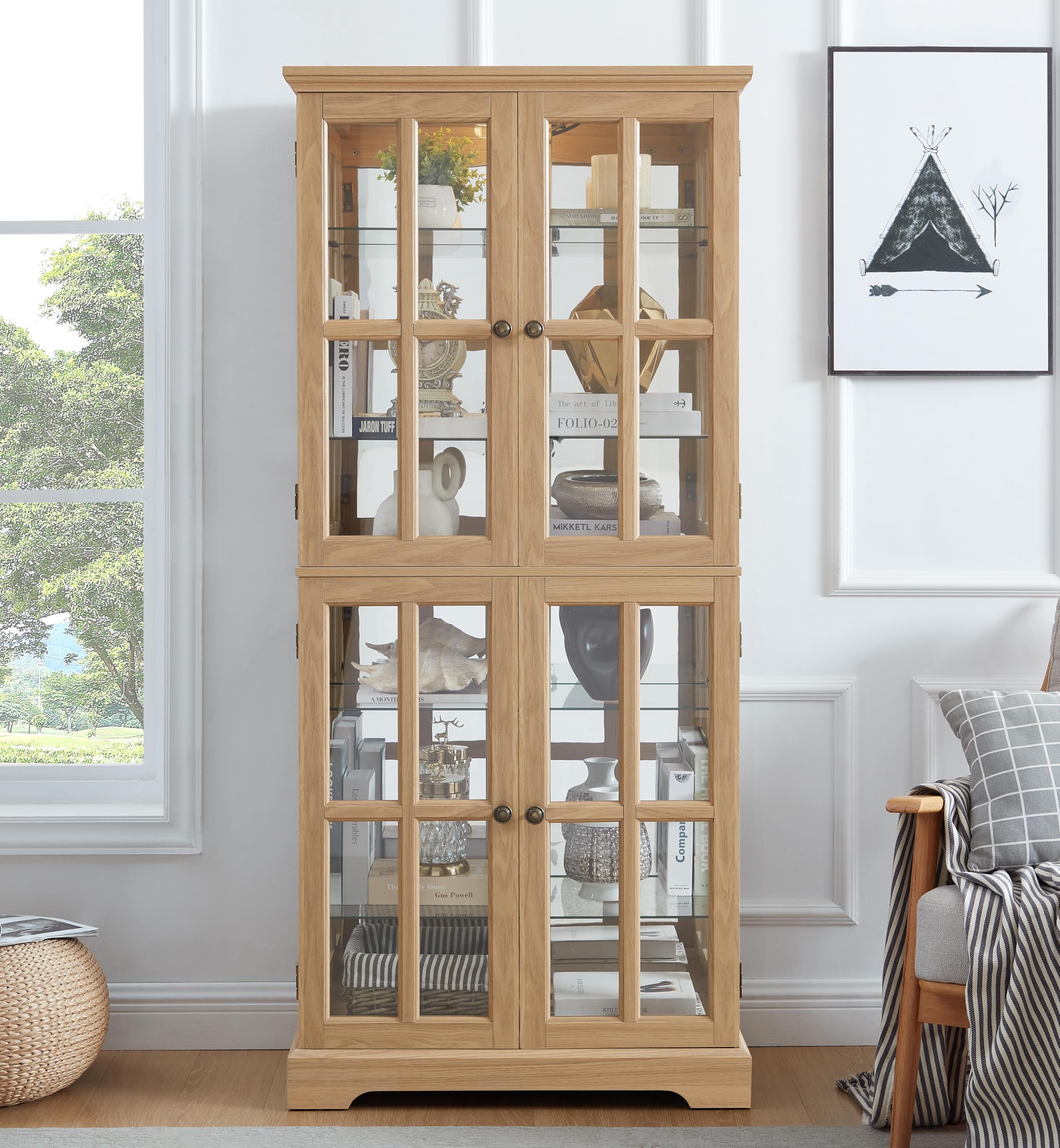 本棚・本収納 Antique Glass Door Cabinet Living Room Amazon.com - Antique Glass High Display Cabinet with 4 Grid Doors