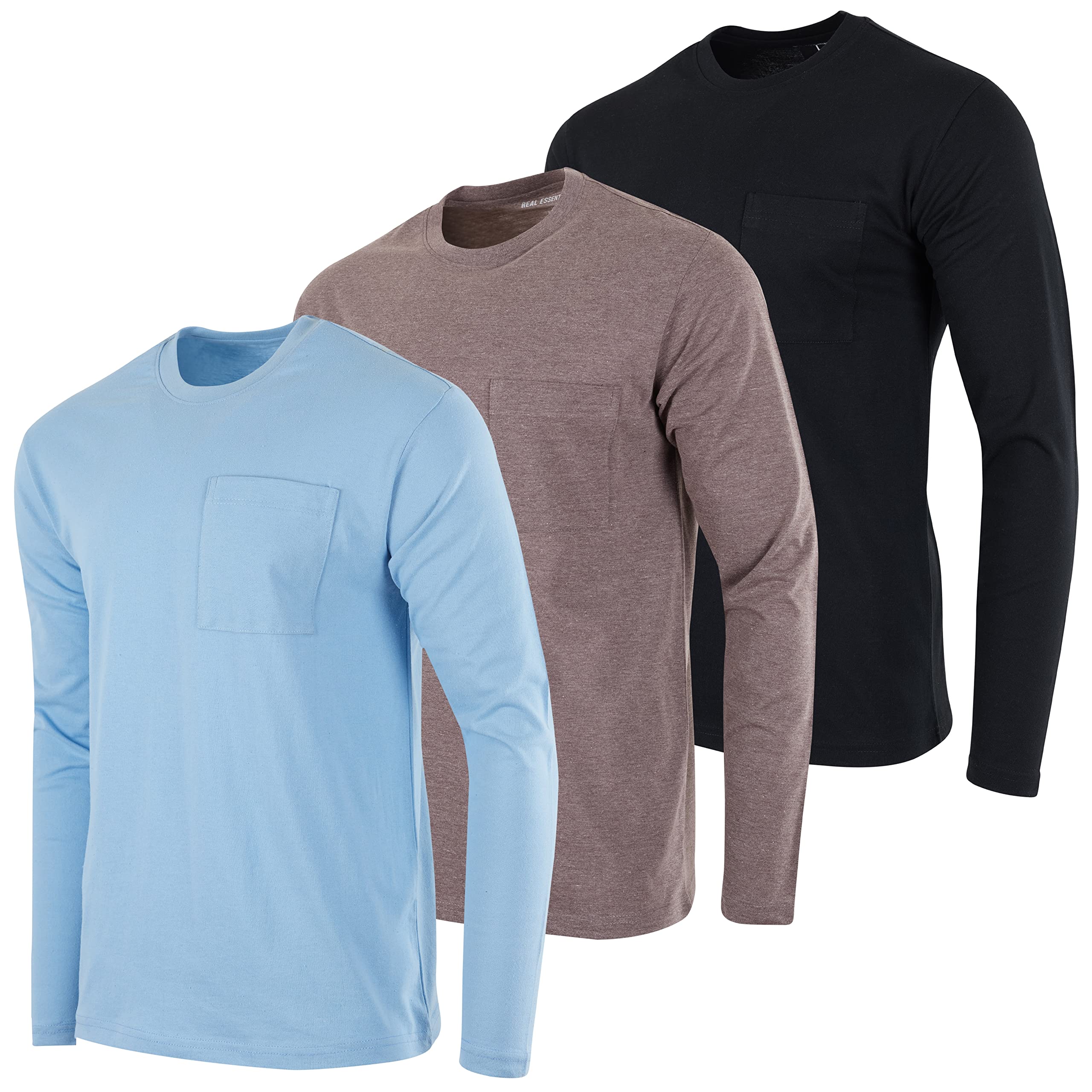 Real Essentials3 Pack: Men's Cotton Performance Long Sleeve Crew Neck Pocket T-Shirt Athletic Top (Available in Big & Tall)