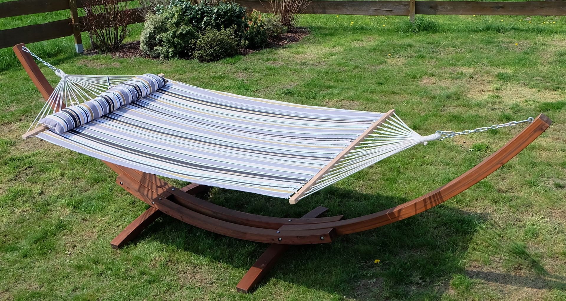 AS-S 410cm XXL Luxe Stand du hamac de mélèze Bois avec hamac HM4-LIM-G (Acier Inoxydable - REMBOURRÉ) avec Hamac