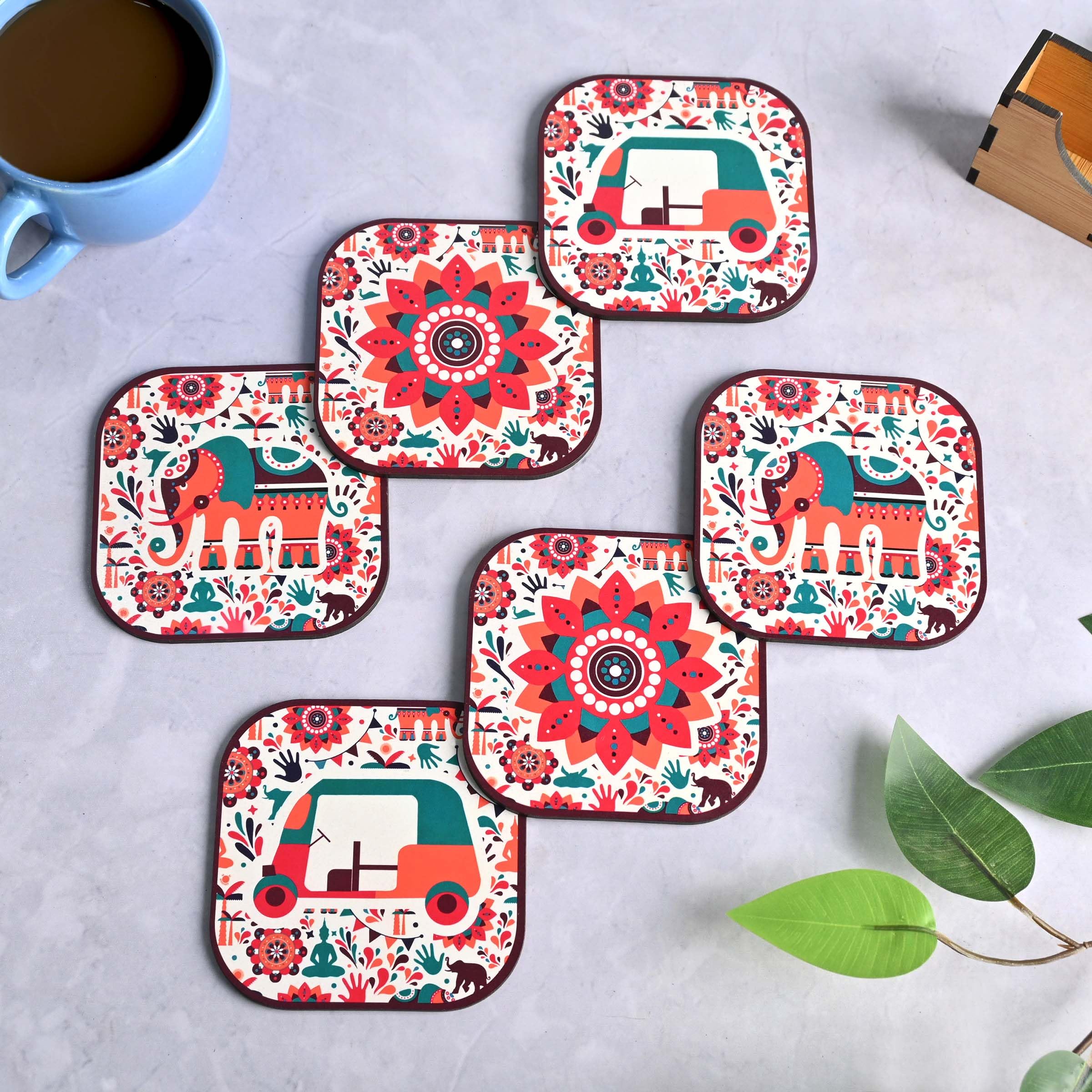 GKD Coaster Set of 6 Vibrant India Theme Design Wooden Coasters to Serve Tea Cups, Coffee Mugs and Glasses (3.8 x 3.8 inch) (Square) (Ecofriendly)