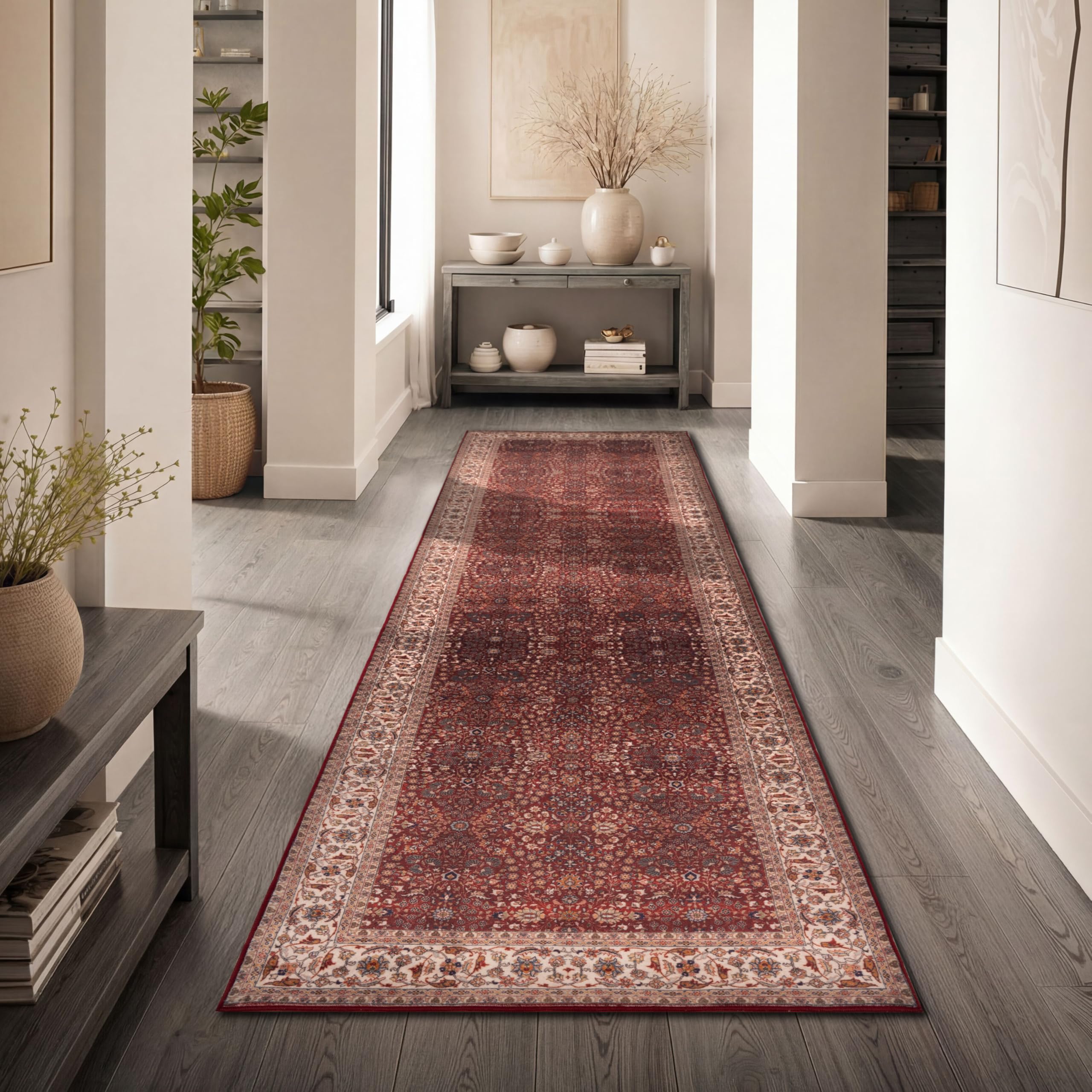 Paco Home Vintage Wohnzimmerteppich Kurzflor klassisches orientalisches Design waschbar & rutschfest pflegeleicht Schlafzimmer Esszimmer, Farbe:Rot-Elfenbein, Größe:80x300 cm
