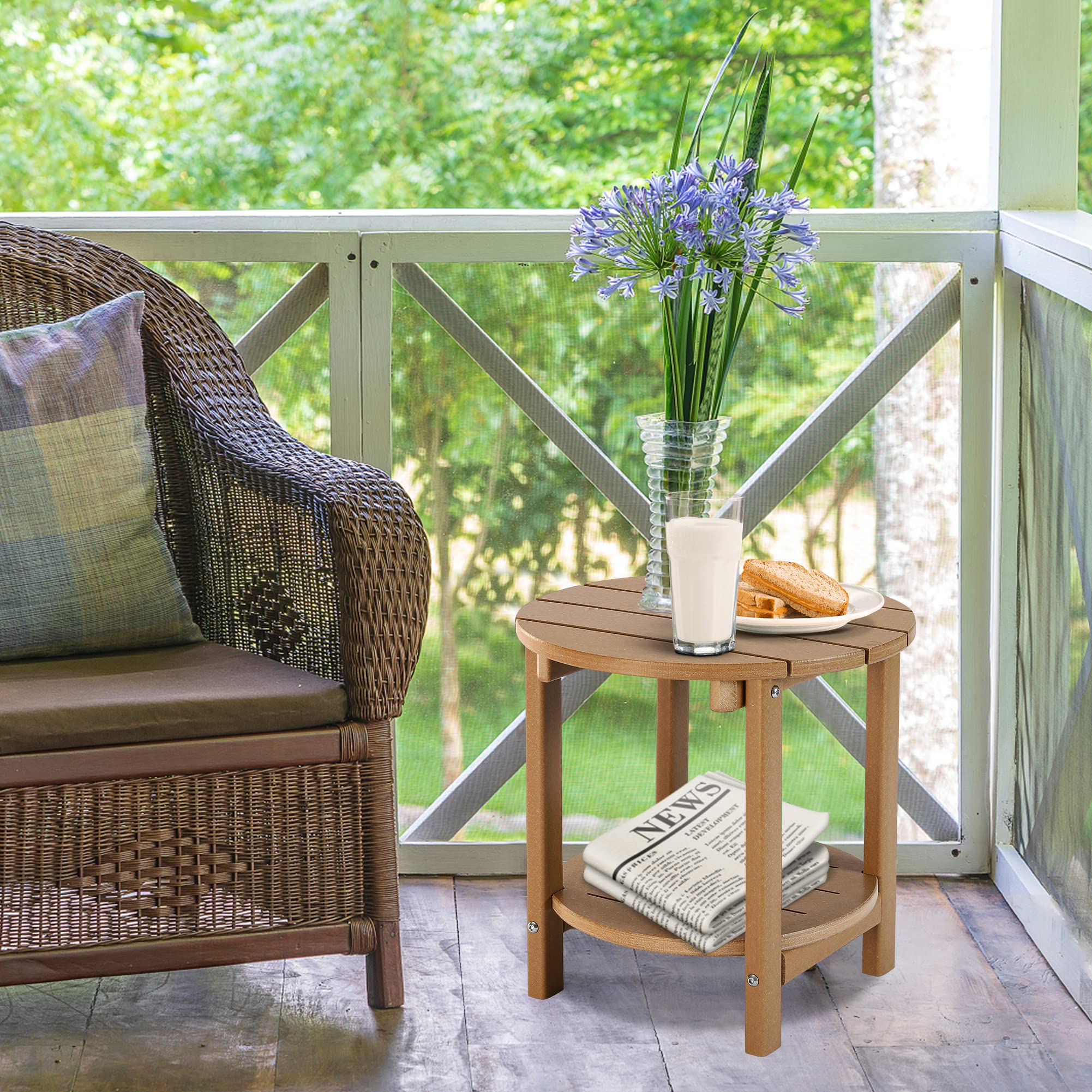 Adirondack - Mesa auxiliar redonda doble, para exteriores e interiores, mesa de fácil mantenimiento y resistente a la intemperie para piscina, patio y jardín trasero (teca) 6