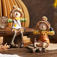 Scarecrow Fall Decor, 2Pcs Harvest Scarecrow Figurines Indoor Fall Shelf Sitters with Dangling Legs, Resin Small Scarecrow for Autumn Thanksgiving Tabletop, Fireplace, Farmhouse Decor