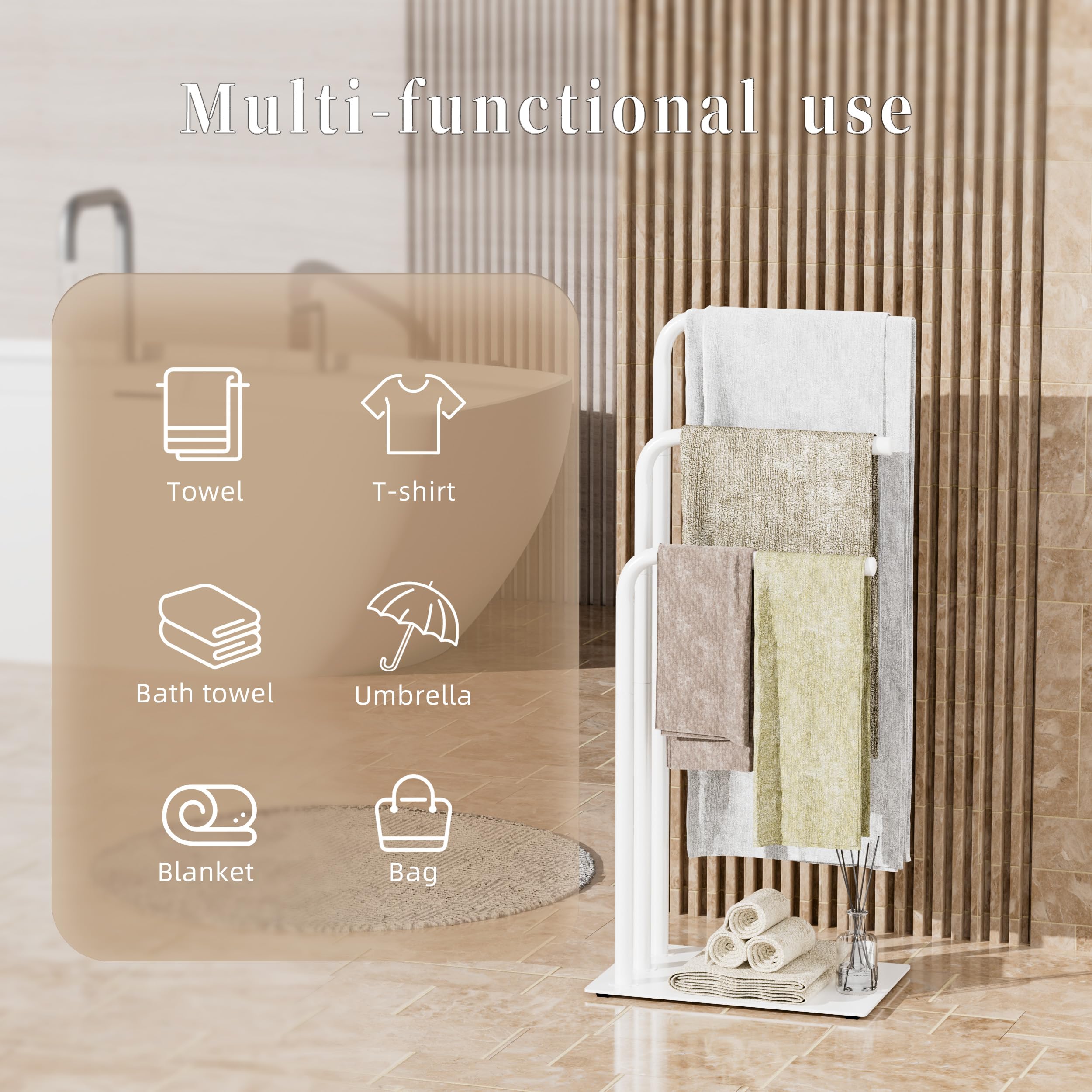 OUTBROS Porte-Serviettes sur Pied,3 Tubes en Acier Suspendus,Convient pour Les Chambres De Salle De Bains,Porte - Serviettes Salle De Bain,39x26x90cm,Blanc,EYJ108W