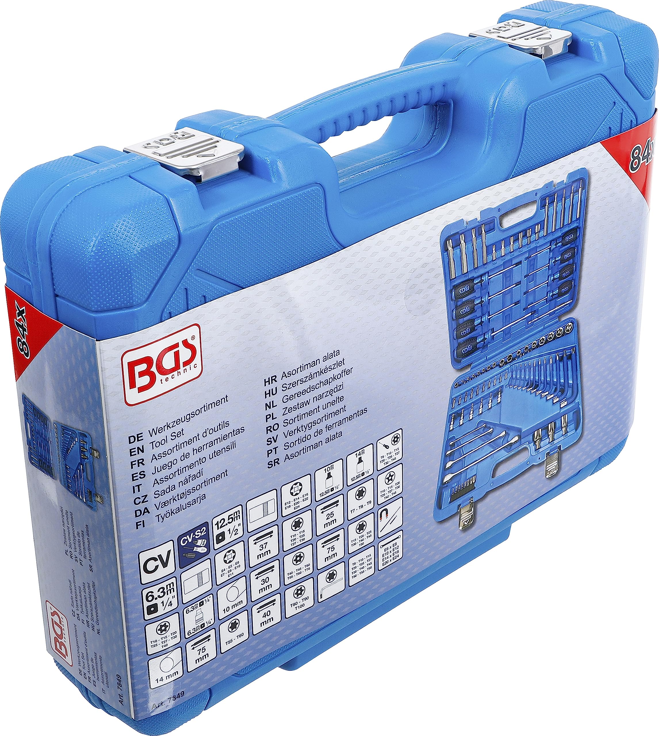 BGS 7849 | Juego de herramientas | 6,3 mm (1/4") + 12,5 mm (1/2") | E-Torx / perfil en T (para Torx) | 84 piezas | 6,3 mm (1/4") + 12,5 mm (1/2") | Acero al cromo vanadio | Puntas, llaves angulares, insertos de llave de vaso, adaptador