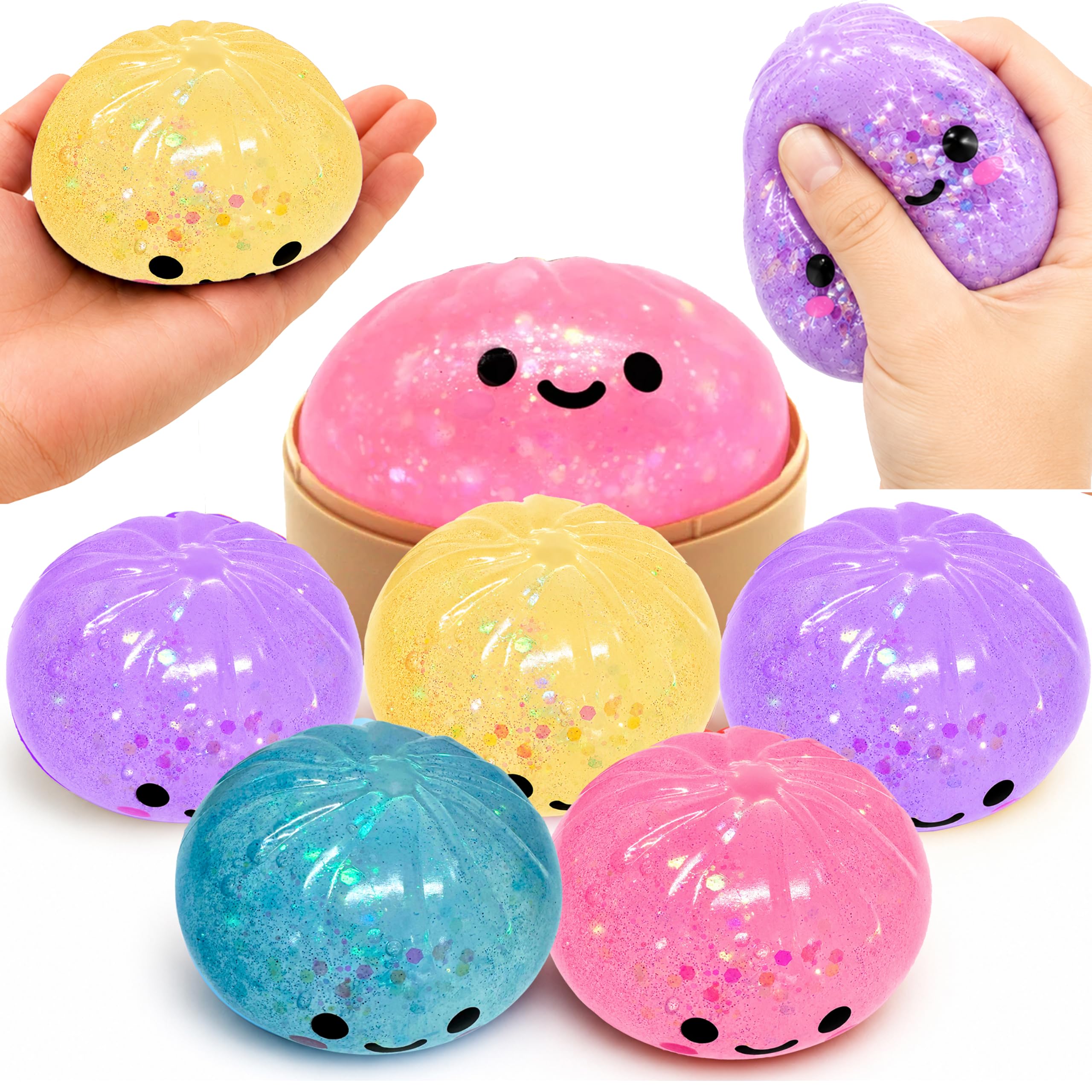 Mystery Squishy Dumpling Toy 8.5cm - 3x Random Chunky Glitter Bao Bun with Reusable Steamer Box, Slow-Rebound, Portable Anti Anxiety Toys for Kids Age 3+