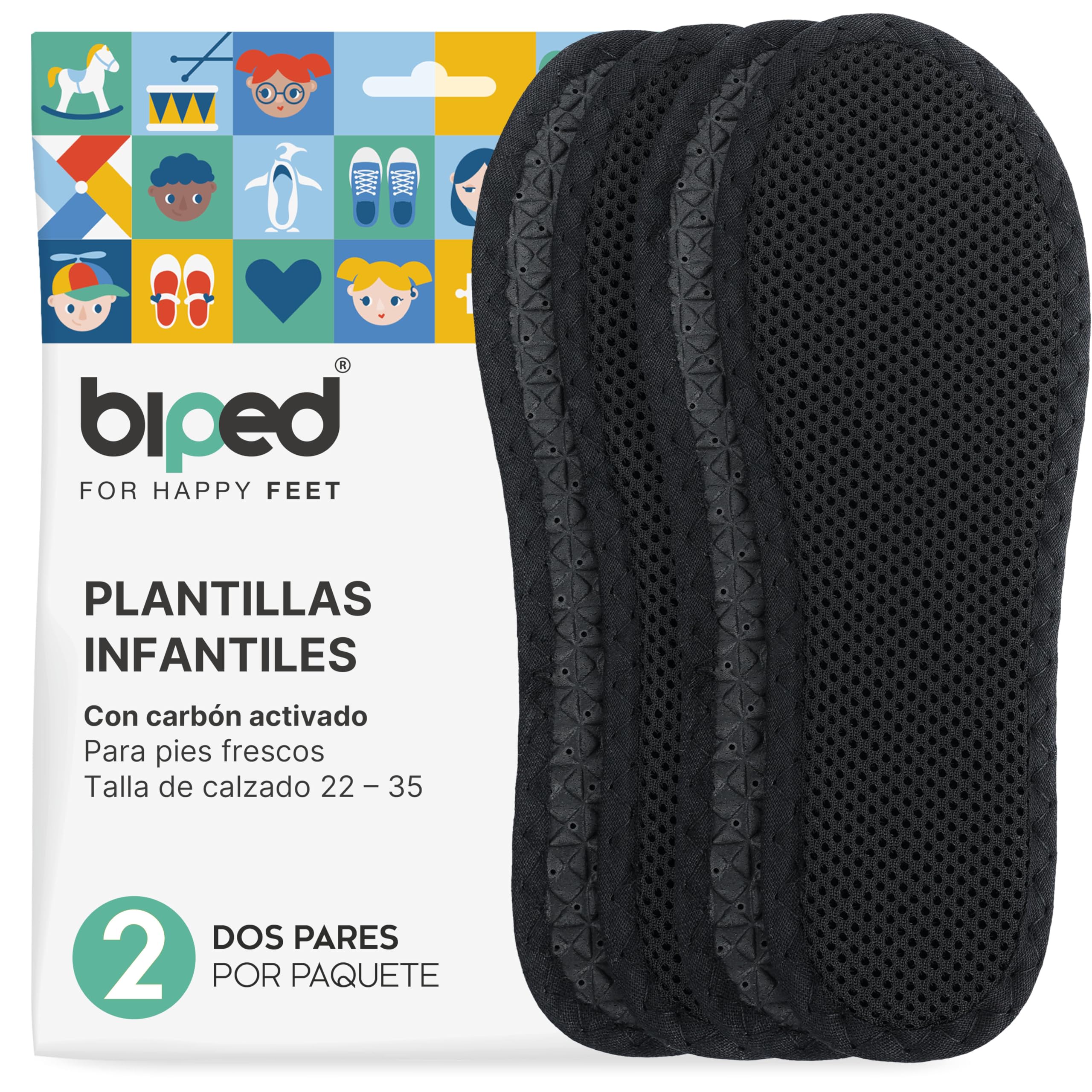 biped 2 pares de plantillas infantiles con carbón activo – Frescura higiénica para zapatillas, botas de goma y todo tipo de calzado – Plantillas lavables contra el mal olor z2769