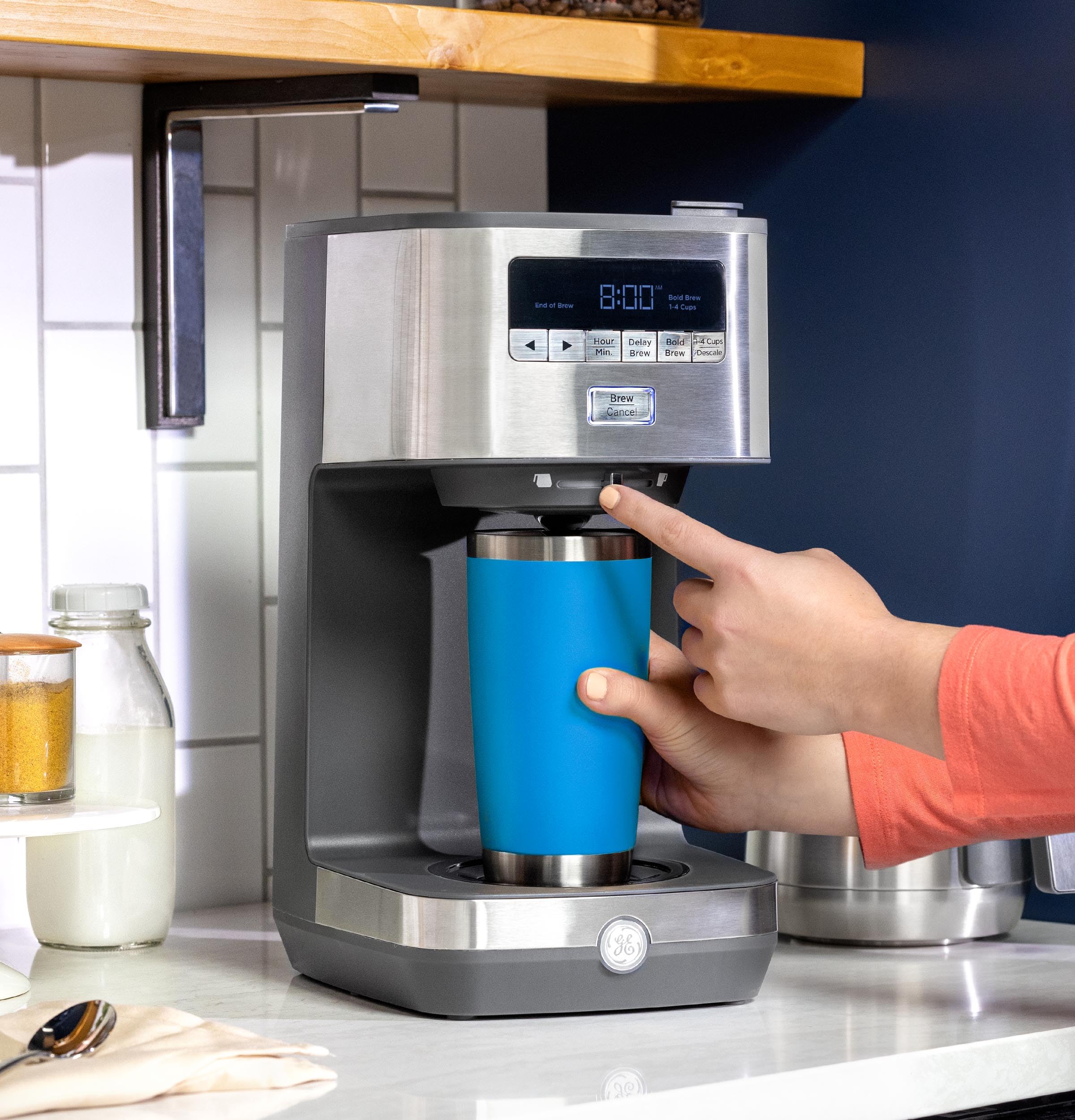GE Drip Coffee Maker With Timer | 10-Cup Thermal Carafe Coffee Pot Keeps Coffee Warm for 2 Hours | Adjustable Brew Strength | Wide Shower Head for Maximum Flavor | Kitchen Essentials | Stainless Steel | 24-hour programmable auto brew, adjustable strength,