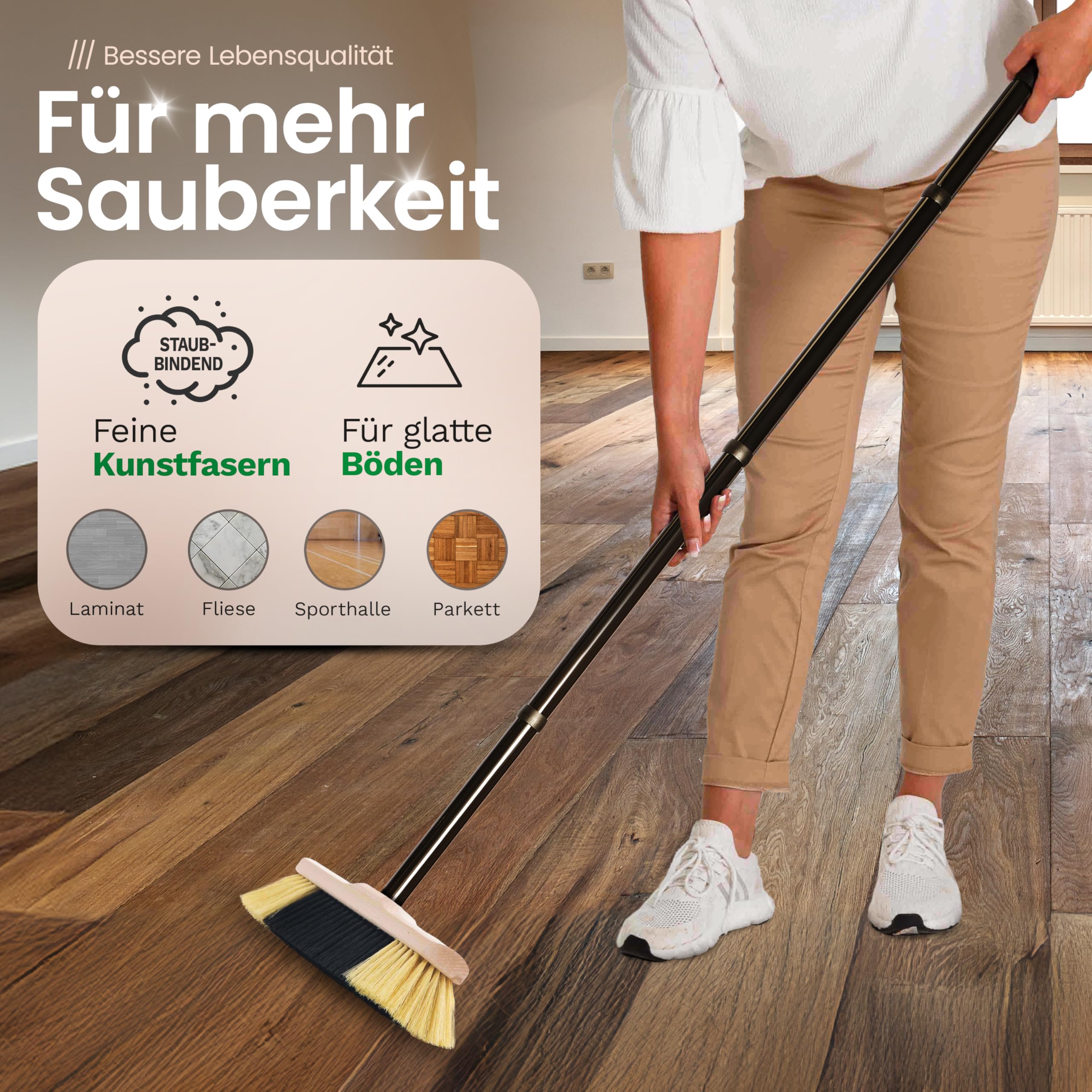Novaliv Set di 2 scope da interni con manico stabile, setole sintetiche, setole morbide e dense, scopa in legno, 4 cucchiai, setole artificiali, scopa per laminato e parquet