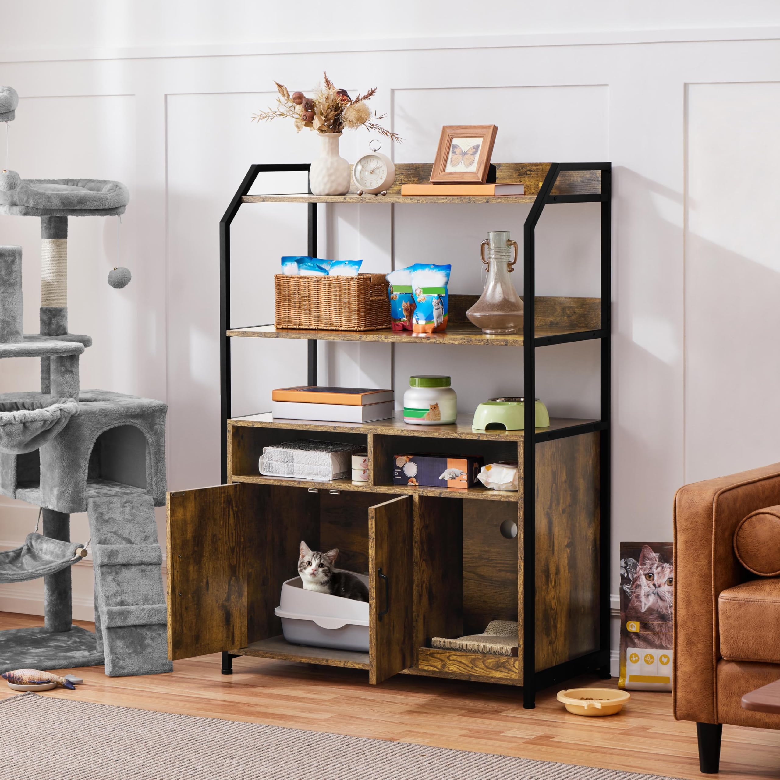 Yaheetech Cat Litter Box Enclosure, Hidden Litter Box Furniture w/Shelf & Storage Compartments, Cat Washroom, Wood Cat House, Rustic Brown