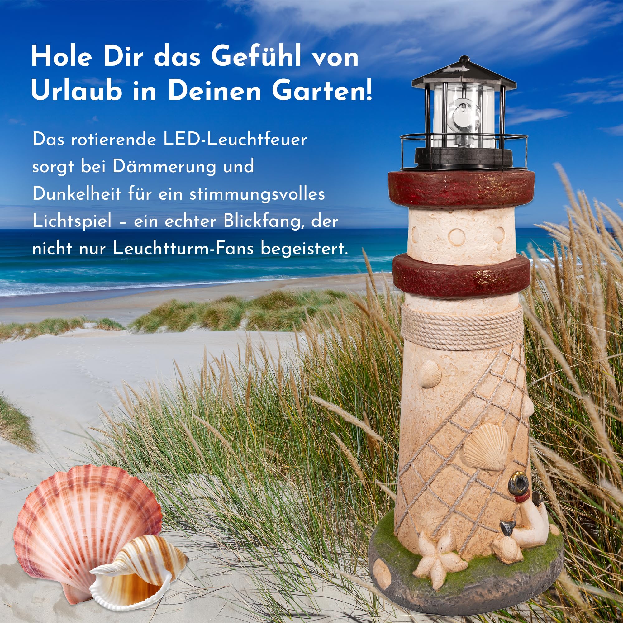 NATIV LEMODO Gartendeko Leuchtturm 81 cm hoch | Handbemalte Gartenfigur mit solarbetriebenem, rotierendem Leuchtfeuer | Maritime Außendeko mit LED Beleuchtung