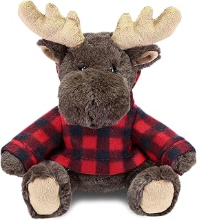 Plush Moose with Red Plaid Hoodie - Soft Huggable Wild Life Moose, Adorable Playtime Zoo Moose Plush with Clothes, Cute Wildlife Cuddle Gift for Kids and Adults