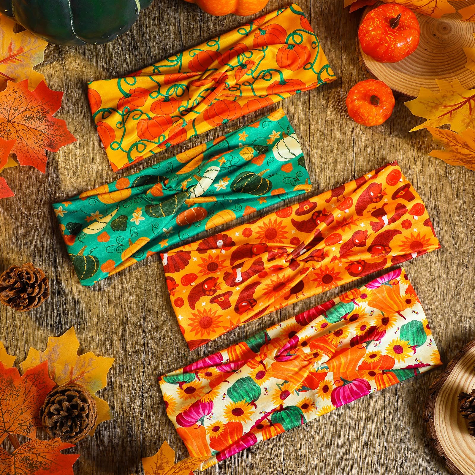 Giegxin 30 diademas elásticas de otoño para mujer, accesorios para el cabello de calabaza de otoño, envolturas elásticas para la cabeza para mujeres y niñas