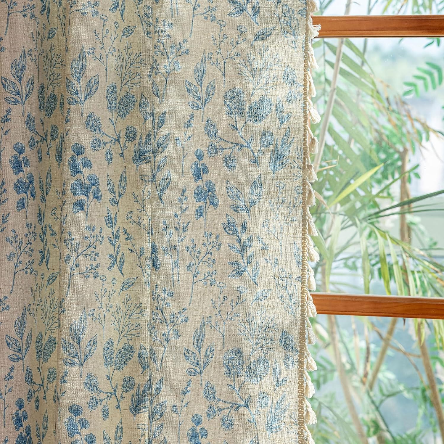 OYX Blue Floral Linen Curtains 96 Inch Length Farmhouse Curtain Rod Pocket Drapes for Living Room Bedroom Light Filtering Vintage Curtains, 2 Panels, Blue on Beige