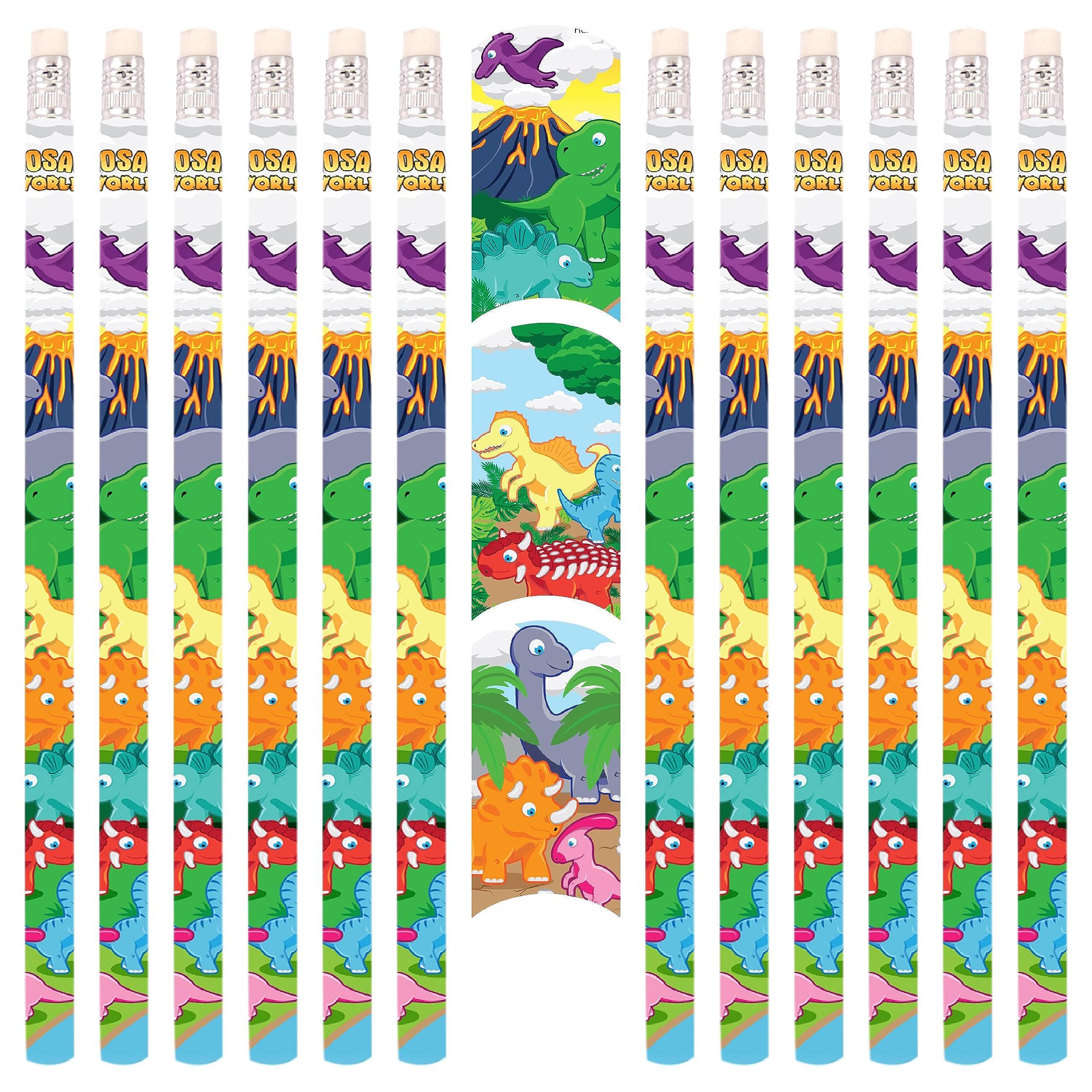 PartyPack 12 lápices de dinosaurio con goma de borrar, ideal para el comienzo del colegio, regalos de fiesta de niños, regalos de cumpleaños infantiles, regalos para invitados, fiestas de dinosaurios.