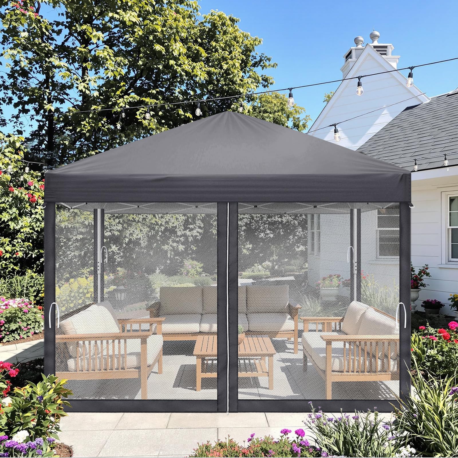 LEADZM Pavillon,Faltpavillon,Wasserdicht,UV Schutz 50+,Höhenverstellbar mit Moskitonetzen, Stabil, Ideal für Garten, Terrasse, Camping und gewerbliche Nutzung (Anthrazit, 3x3-4 Seitenteilen)