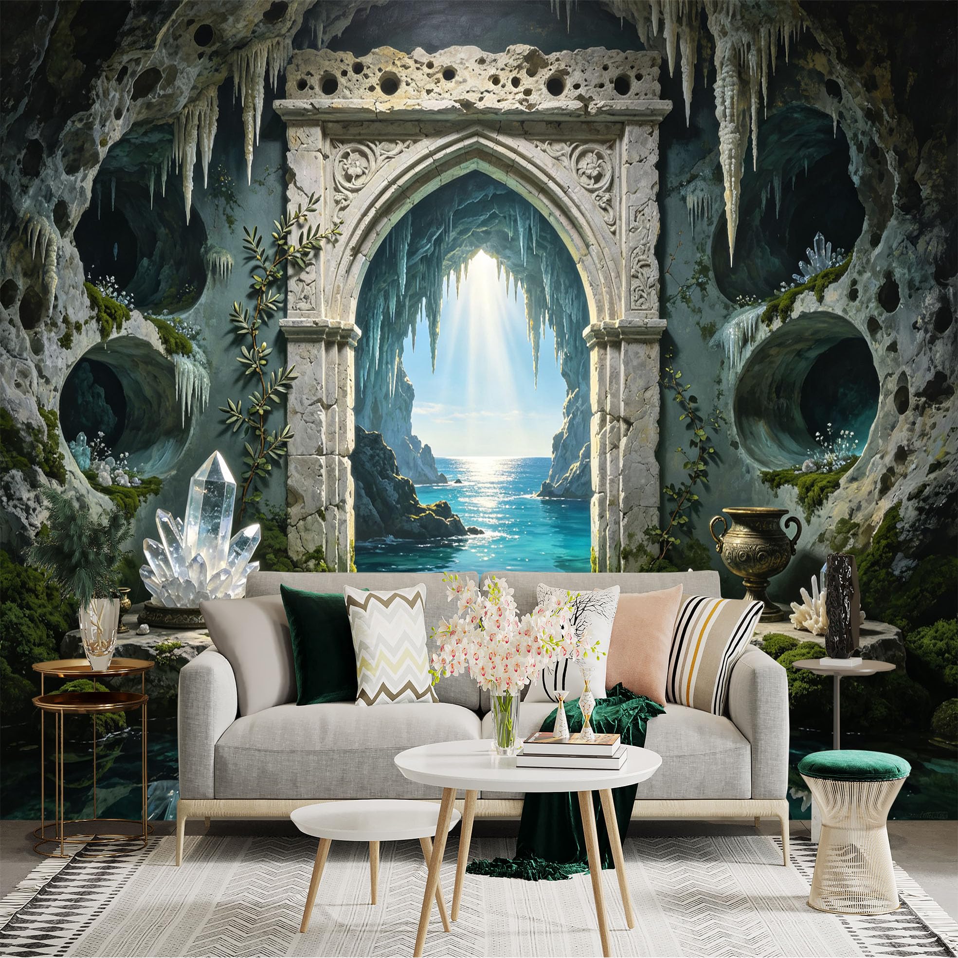 Custom Size Wall Sticker Mural， Fantasy Cave Archway， Crystal Lagoon and Ocean View， for wall Decoration， peelandstick wall Decals.