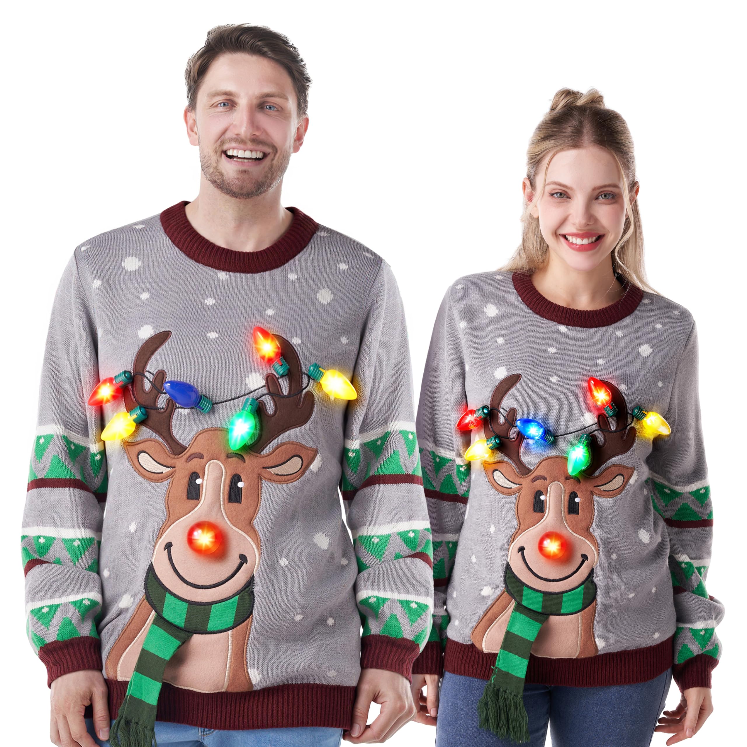 JOYIN Womens LED Light Up Christmas Sweater, Reindeer Ugly Xmas Sweater with Built-in Light Bulbs (Grey, Large)
