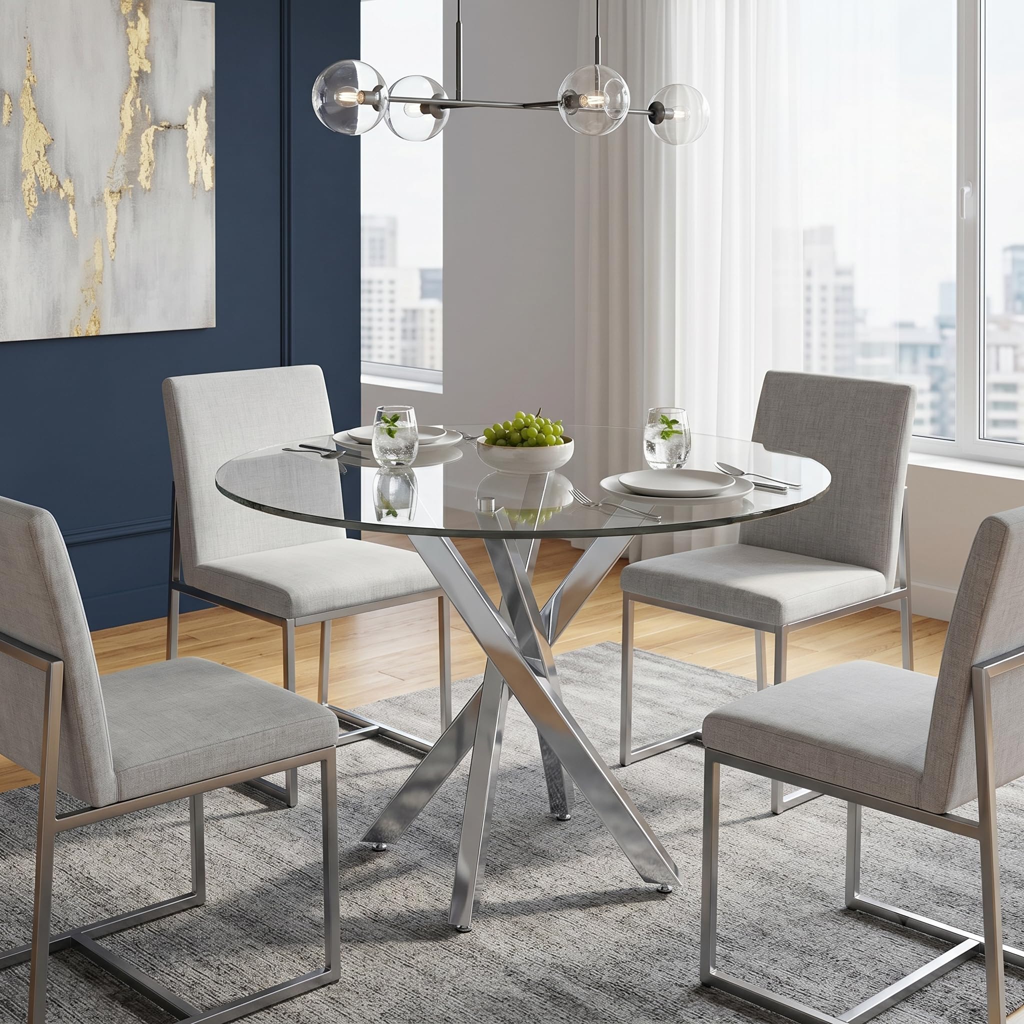 Mesa de comedor redonda de cristal de 80 cm, mesa transparente con patas de metal, mesa de comedor, cristal templado, mesa redonda para el hogar, comedor, sala de estar (redonda plateada)