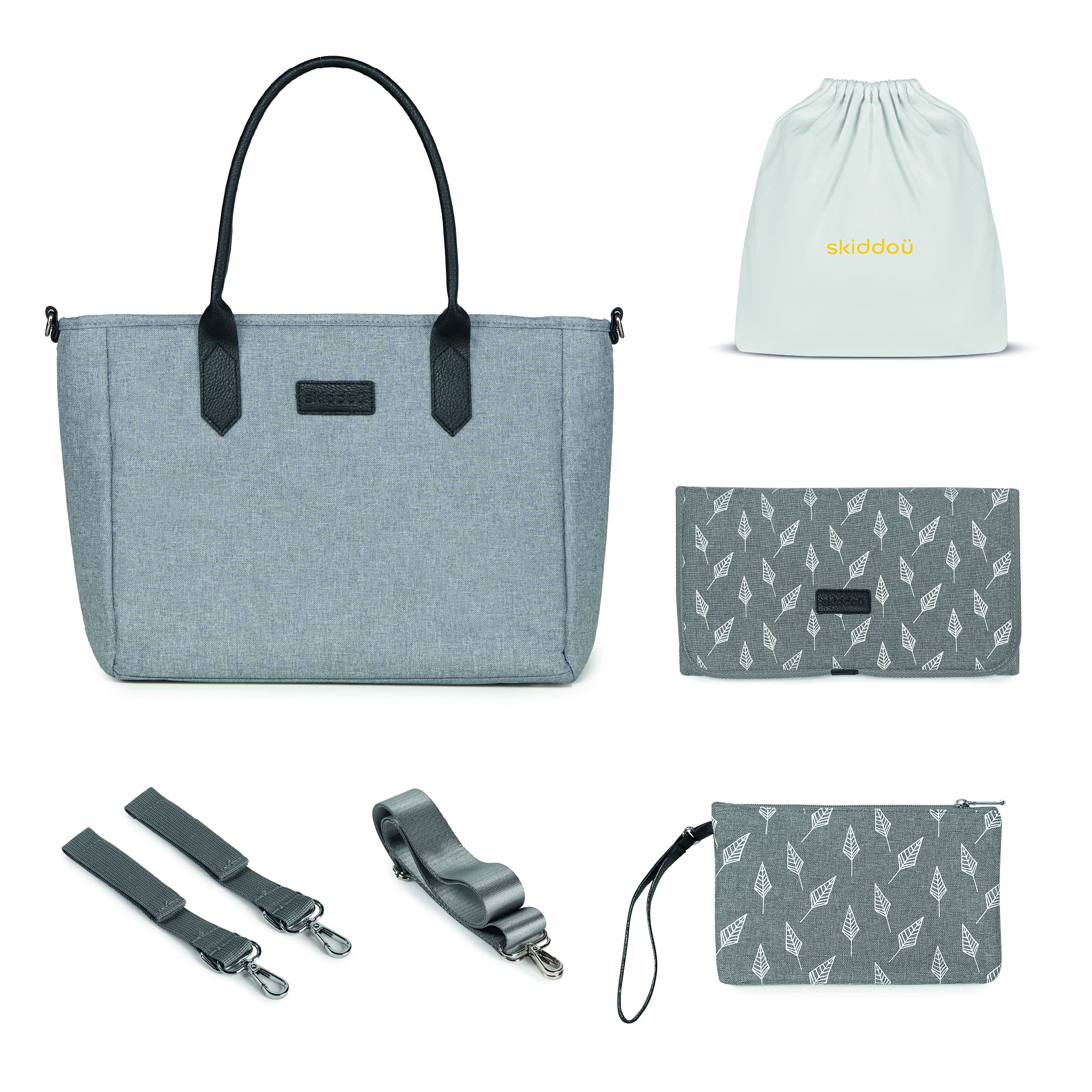 skiddoü grand sac pour poussette d’enfant Ingrid organisateur pour poussette, sac à couches, imperméable, tapis à langer de voyage, sac en coton bandoulière pochette amovible à compartiments gris noir