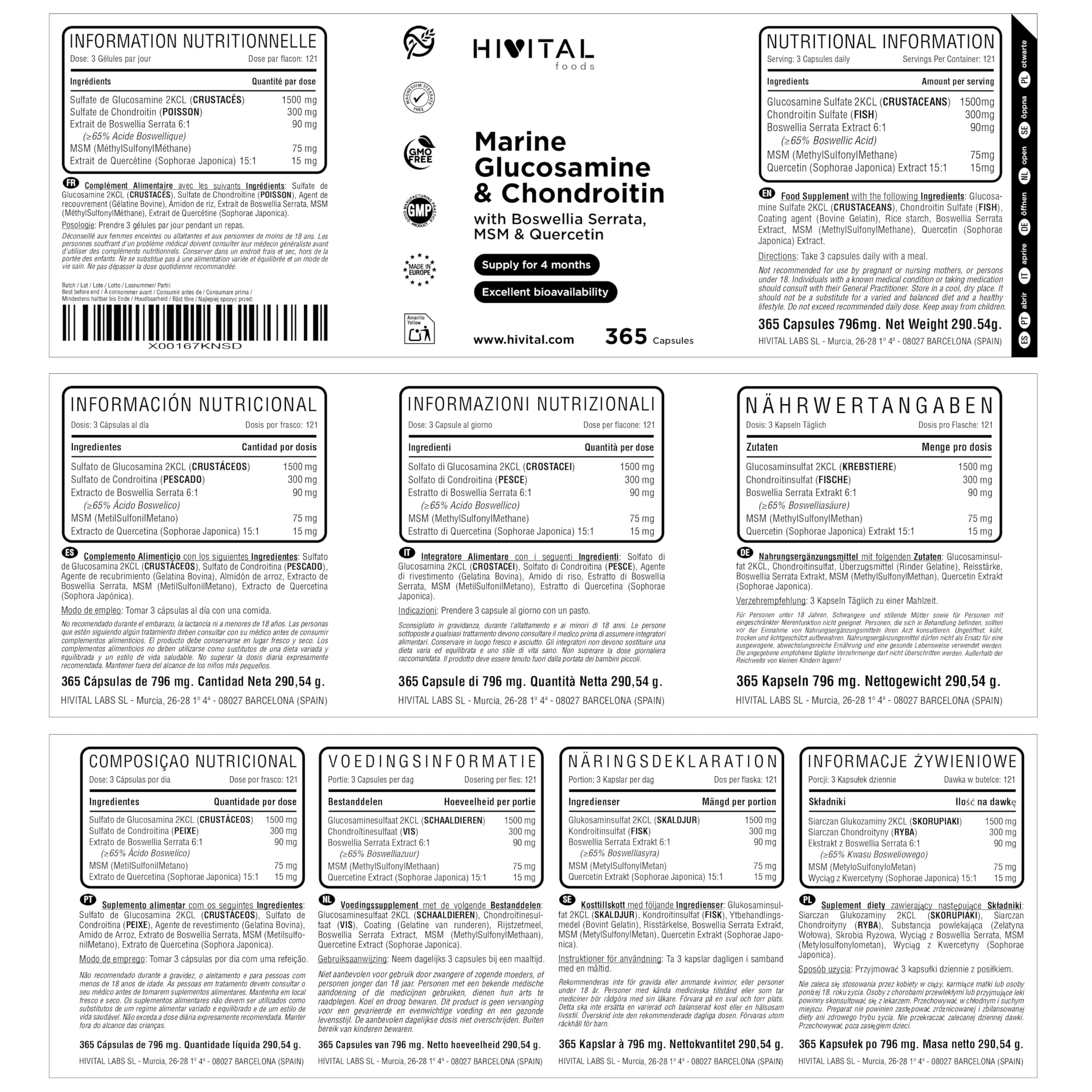 Glucosamine avec Chondroïtine. 365 gélules pour 4 mois de de traitement. 1500 mg de Glucosamine Marine 2KCL, Chondroïtine Marine, MSM, Boswellia Serrata et Quercétine. Fabriqué en Europe par HIVITAL