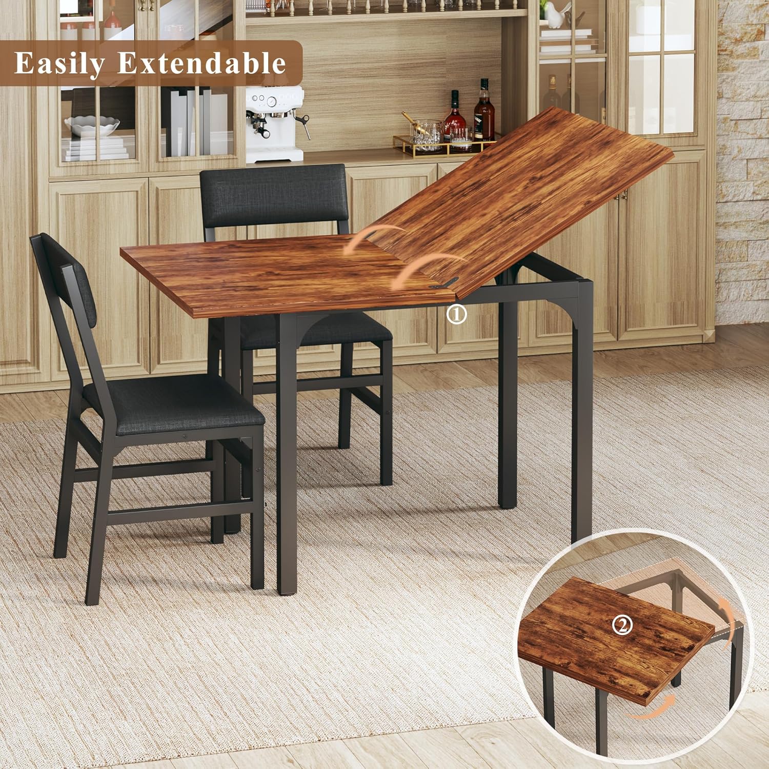 HUAHUU Dining Table Set for 4, Extendable Kitchen Table Cushion Chairs Set of 4, Rectangle Dining Table with Metal Frame & MDF Board, Folding for Small Apartment Saving Space, Rustic Brown