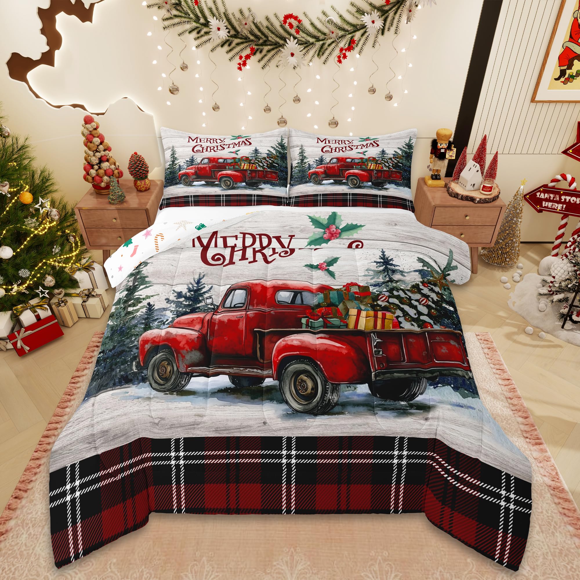 Merry Christmas Comforter Set Queen Size,Vintage Xmas Truck Quilt Set Red Black Checkered Bedding Set 3Pcs for Kids Girls Boys Bedroom Decor,Rustic Farmhouse Wood Duvet Insert,2 Pillowcases