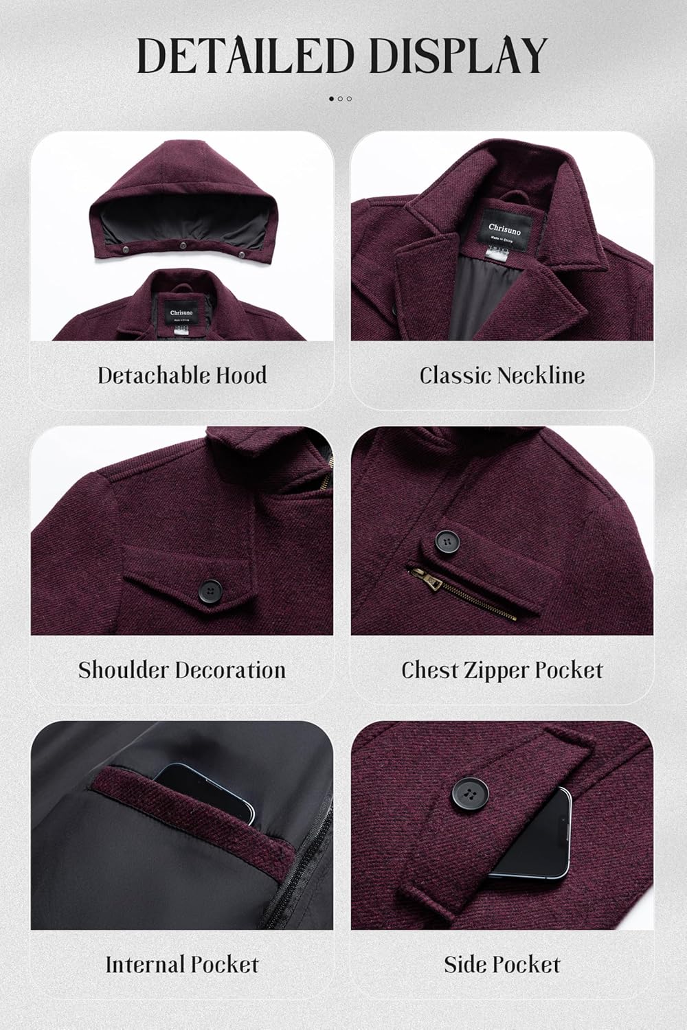 Chrisuno Men's Classic Long Pea Coat Warm Wool Blend Winter Trench Coat Single Breasted Overcoat with Detachable Collar
