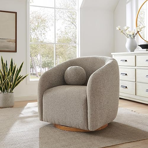 Modway Holland - Sillón giratorio curvado en color gris pardo  Silla de barril de tela de chenilla con almohada de bola y base de madera  Silla de